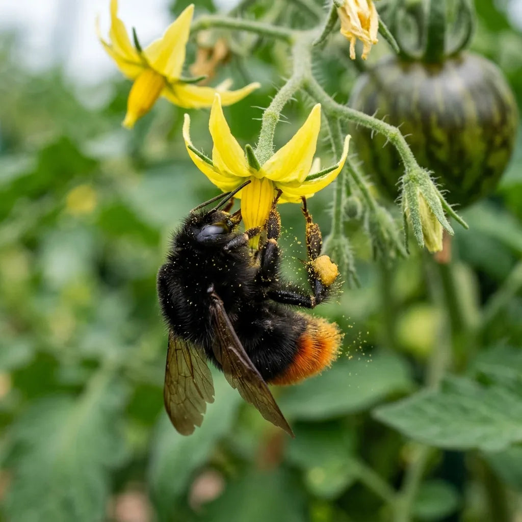 Bourdon des pierres noir à abdomen roux accroché sous une fleur de tomate, pollinisation vibratile libérant le pollen — SemiSauvage