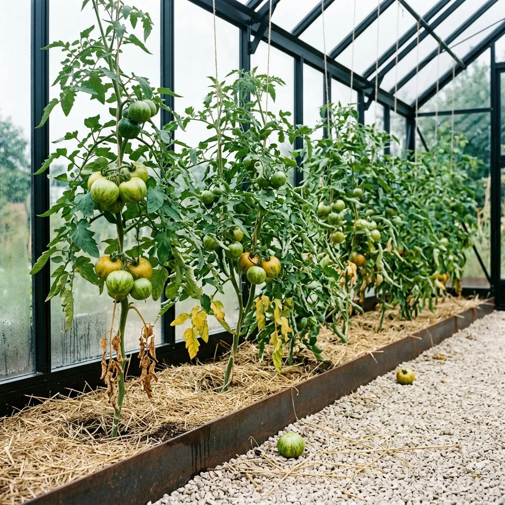 Rang de tomates Green Zebra conduites sur ficelle sous une serre à châssis d'acier noir mat — SemiSauvage
