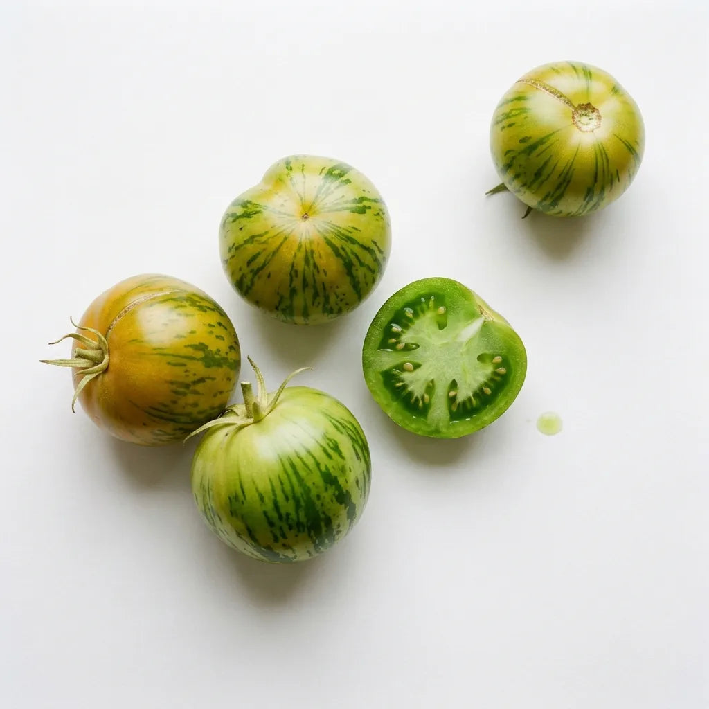 Tomates Green Zebra à peau verte zébrée de vert foncé, dont une coupée montrant sa chair vert émeraude, sur fond blanc — SemiSauvage