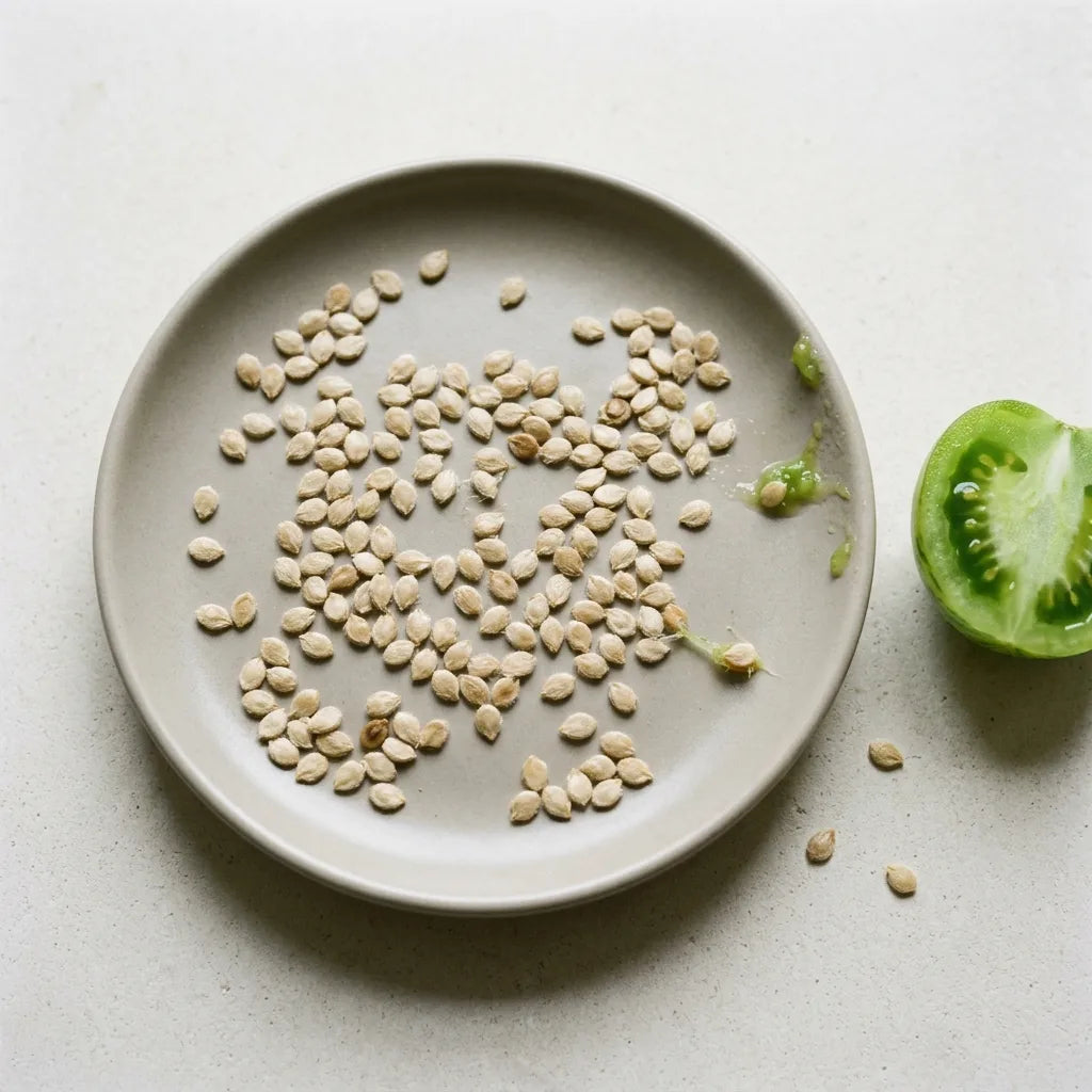 Graines de tomate beige clair, aplaties et duveteuses, séchant à plat sur une assiette de grès à côté d'un demi-fruit — SemiSauvage