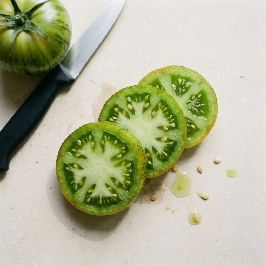 Tranches épaisses de tomate Green Zebra : chair vert émeraude, gelée verte translucide et pépins beige clair — SemiSauvage