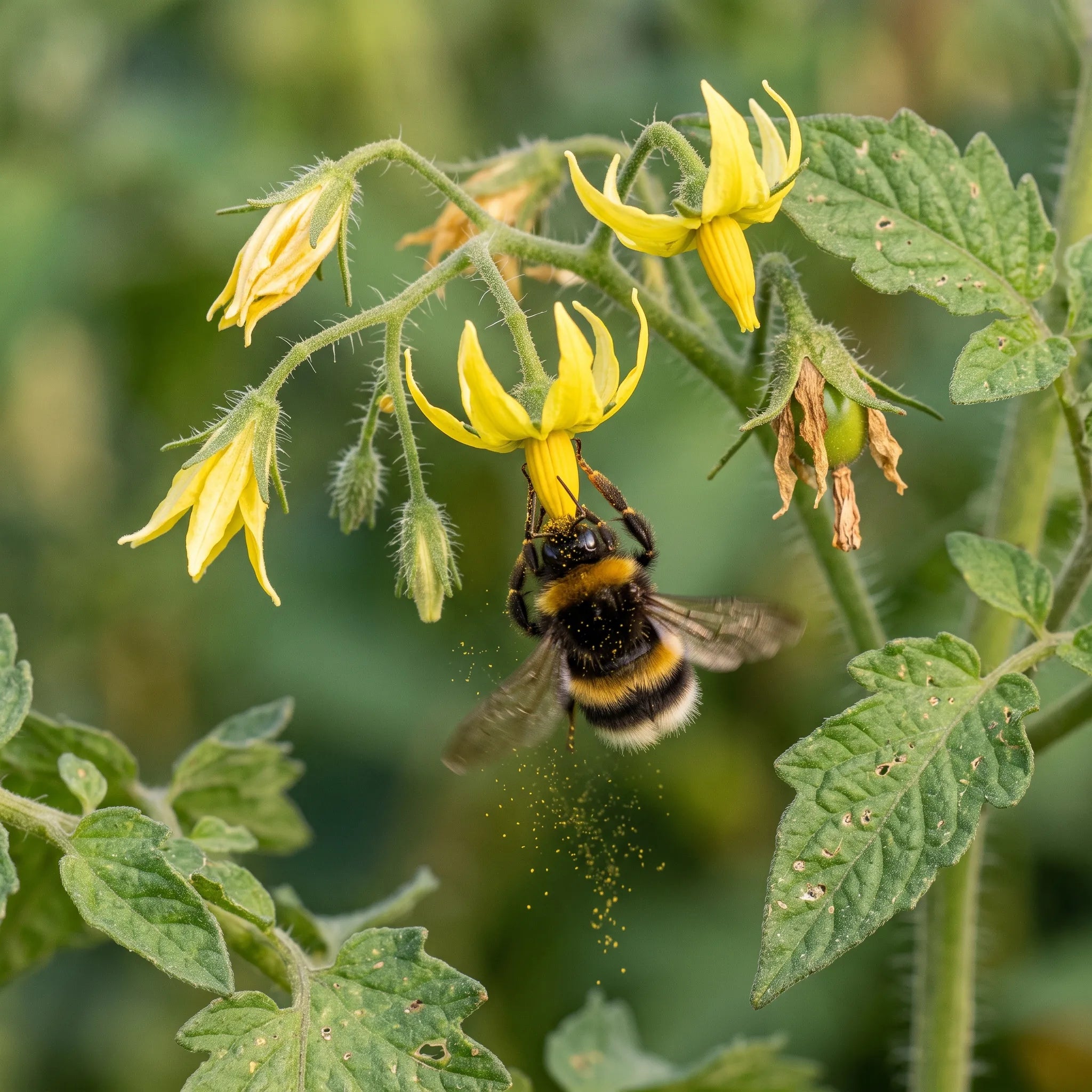 Bourdon pratiquant la pollinisation par vibration sur les fleurs jaunes de tomate Marmande