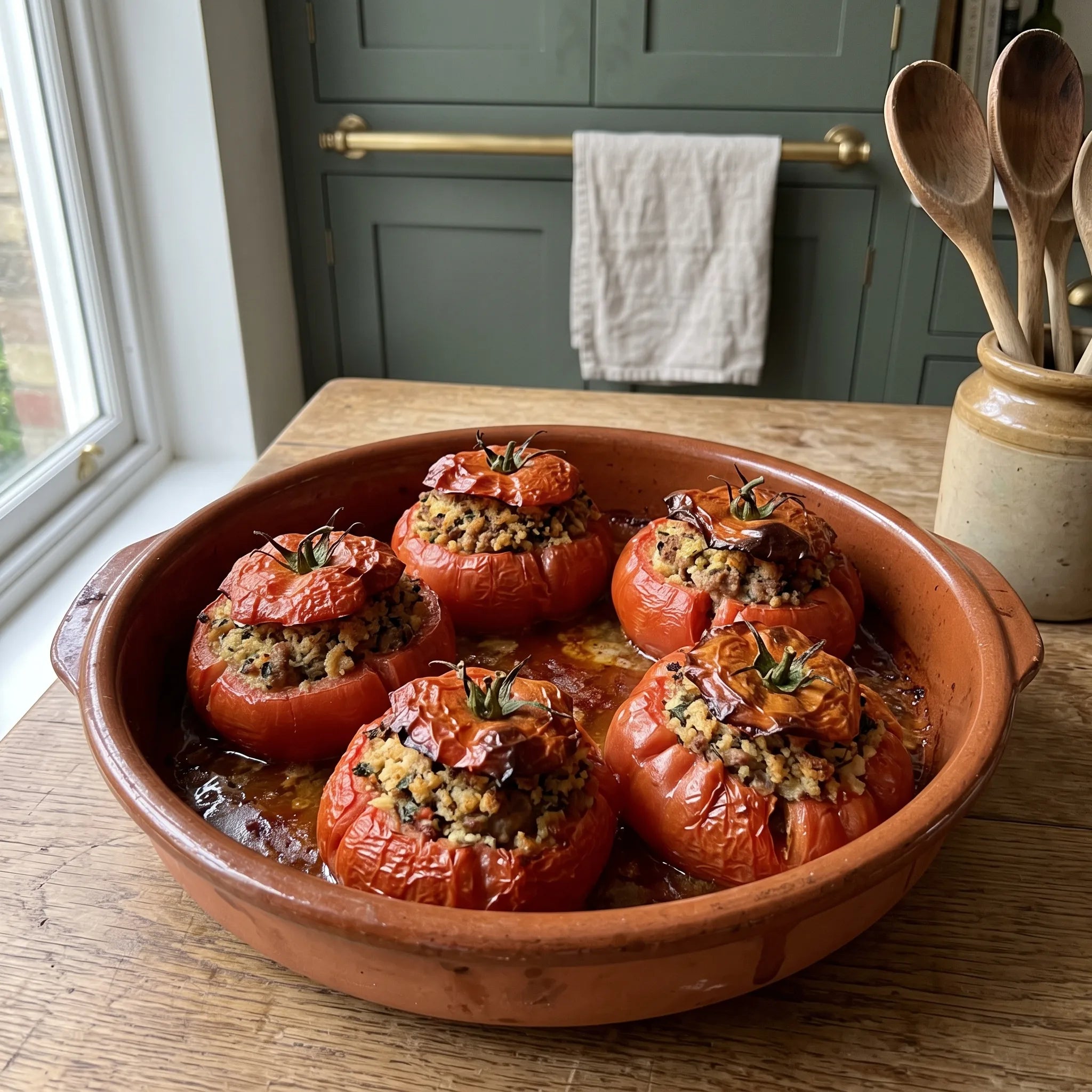 Tomates Marmande farcies dans un plat en terre cuite, sorties du four