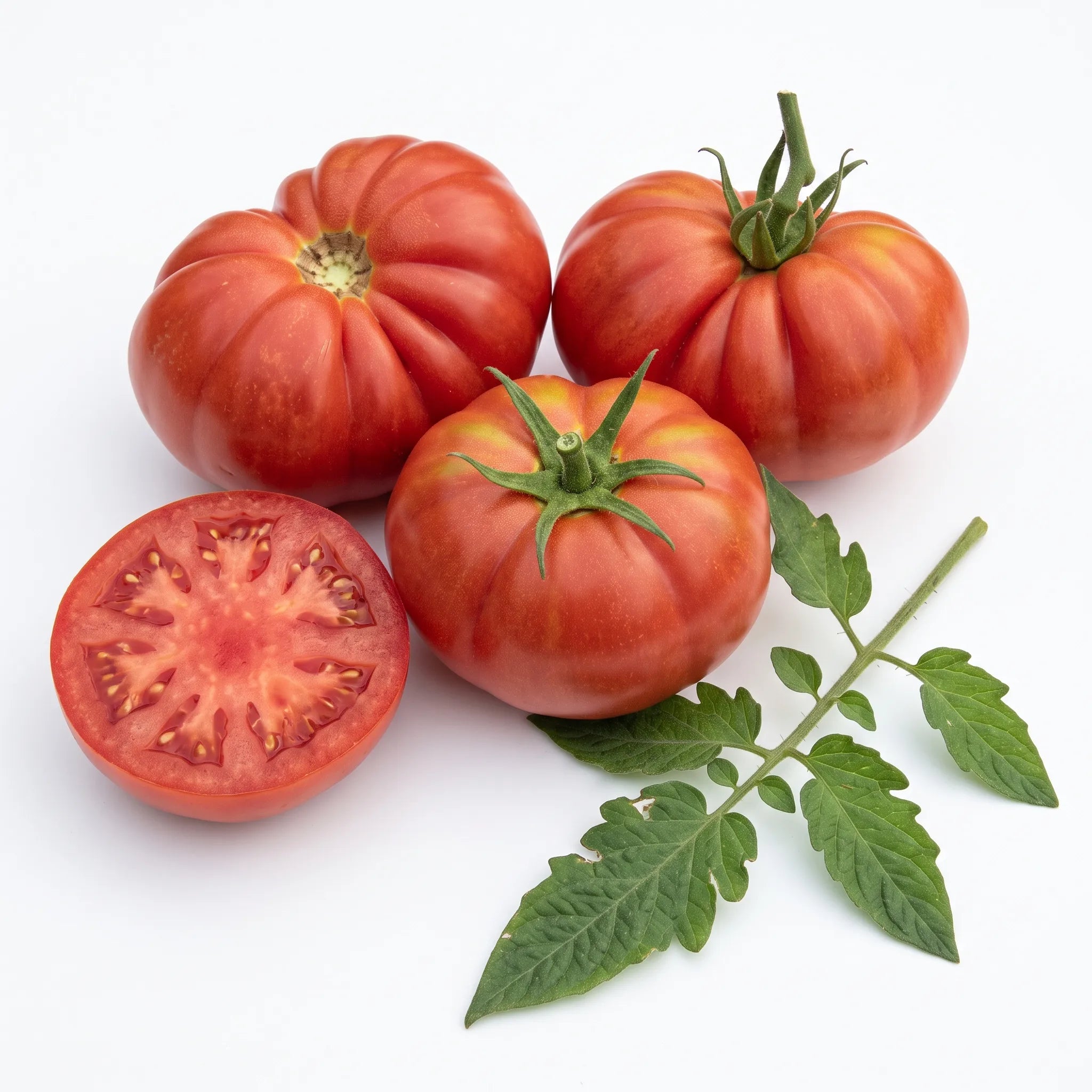 Tomates Marmande aplaties et cotelees sur fond blanc, avec une moitie montrant la chair ferme