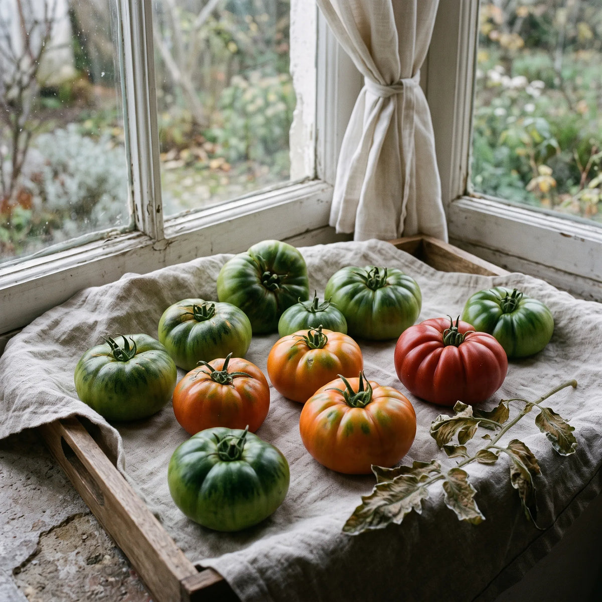 Derniers fruits verts de tomate Marmande mis a murir devant une fenetre en fin de saison