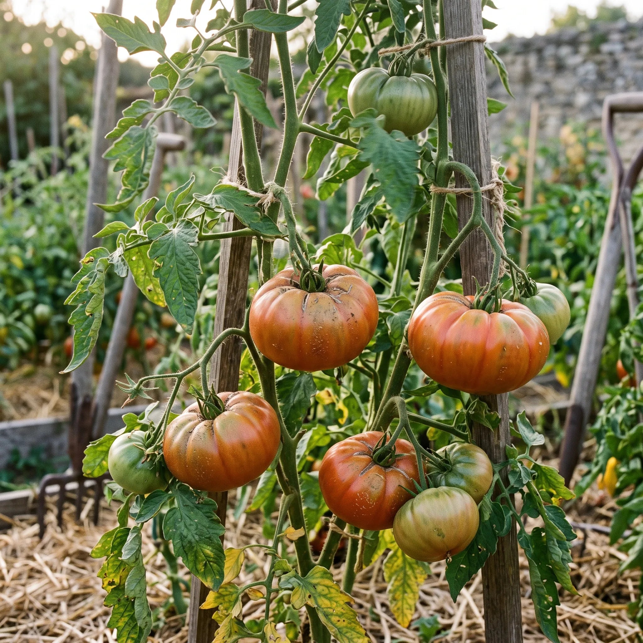 Pied de tomate Marmande tuteure au potager, bouquets a differents stades de maturite