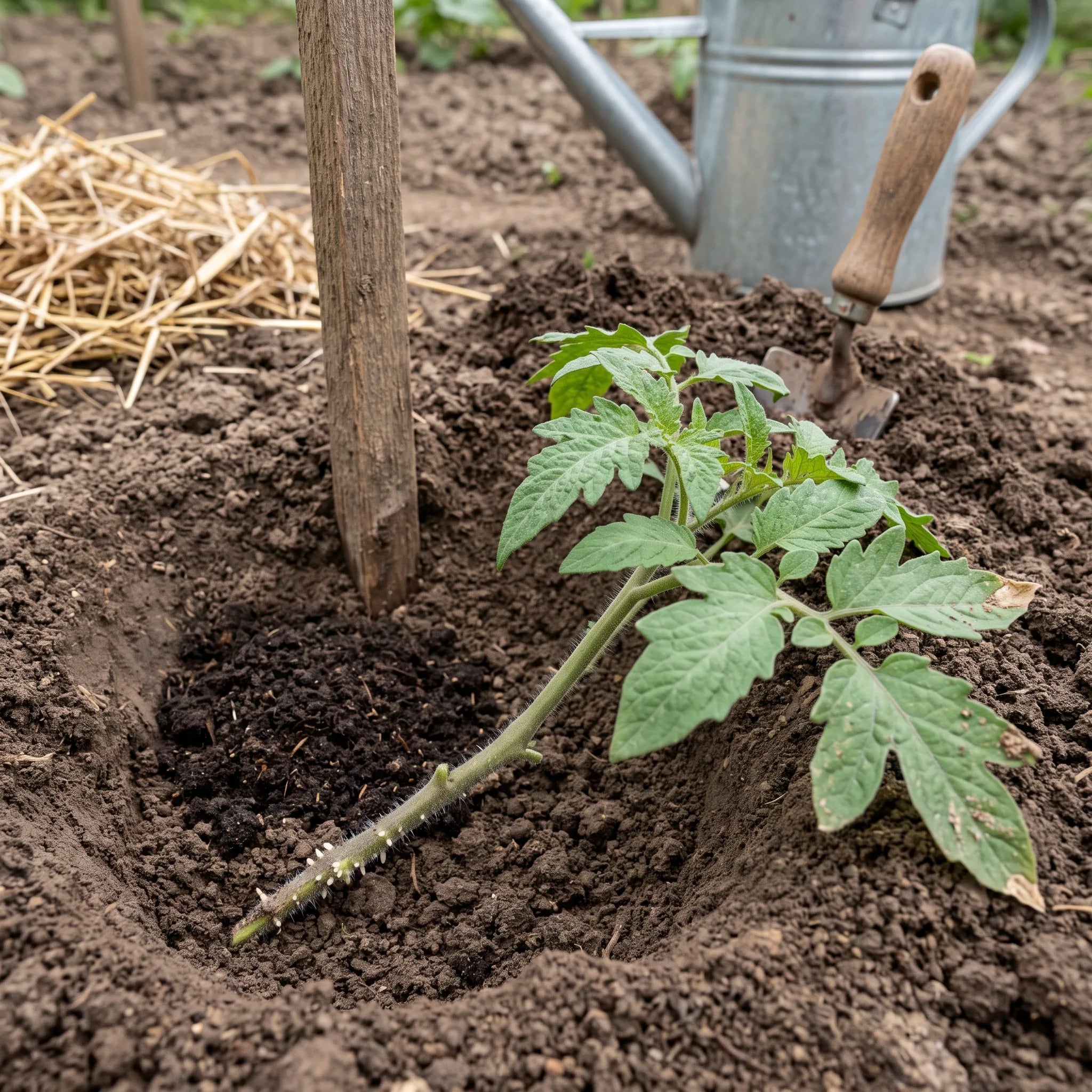 Plantation d un jeune plant de tomate Marmande en enterrant la tige jusqu aux premieres feuilles