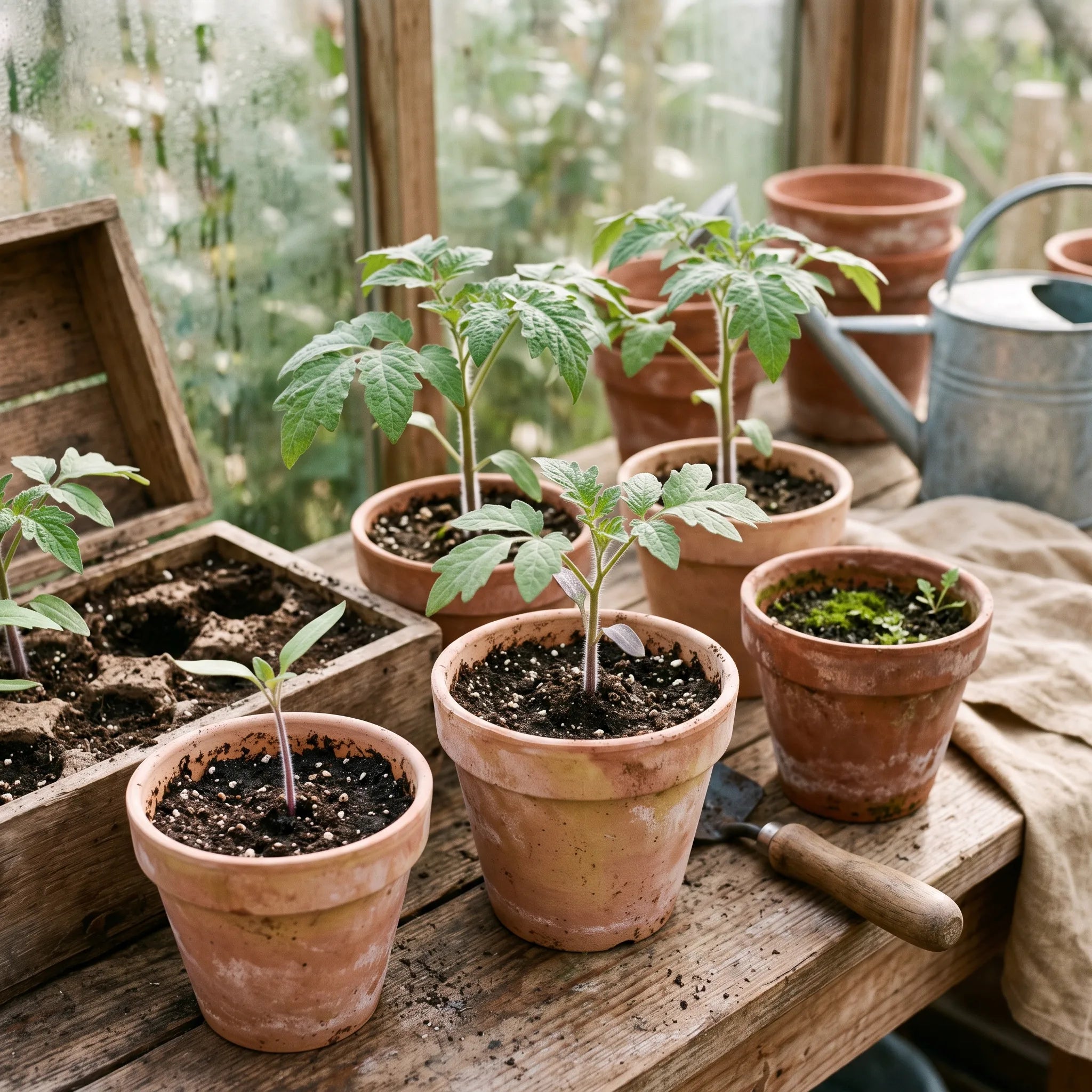 Semis de tomate Marmande en pots de terre cuite, stade deux vraies feuilles pour le repiquage