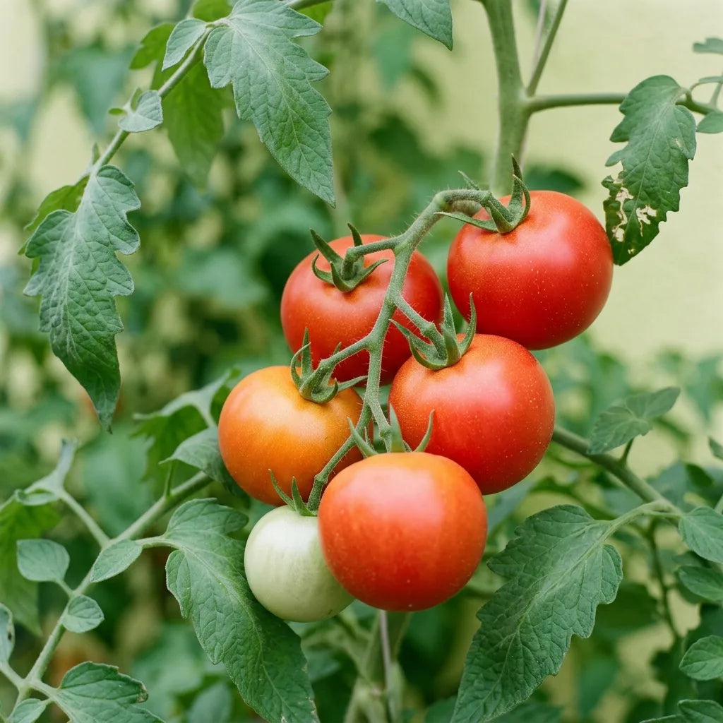 Bouquet de cinq tomates Merveille des Marchés de calibre homogène sur le pied, signature de cette variété de maraîcher — SemiSauvage