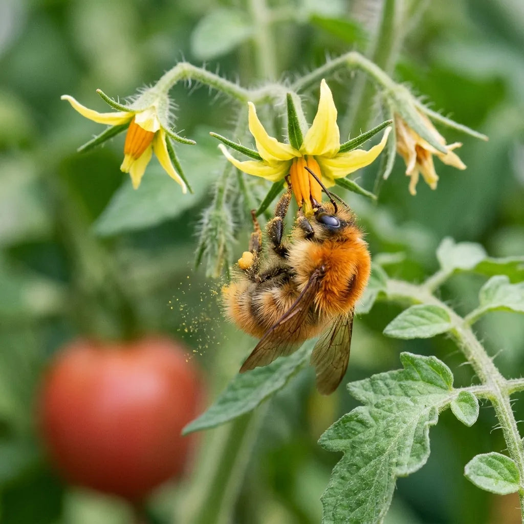 Bourdon des champs au pelage roux hirsute accroché sous une fleur de tomate, pollinisation vibratile libérant le pollen — SemiSauvage