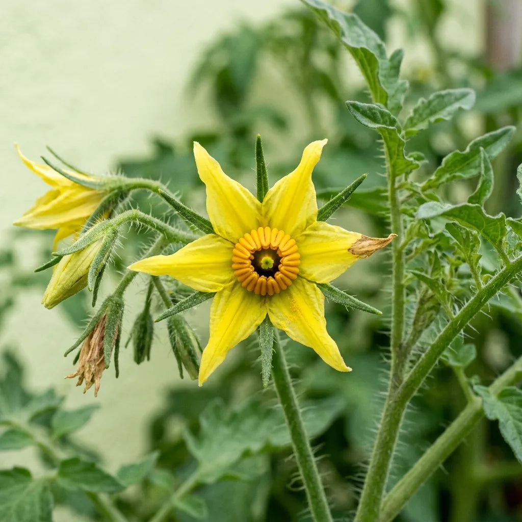 Fleur de tomate vue de face : corolle jaune à six lobes étroits et couronne d'anthères soudées en cône autour du stigmate — SemiSauvage