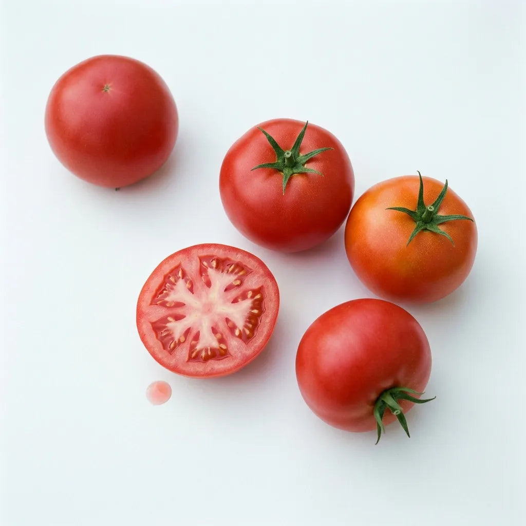 Tomates Merveille des Marchés rondes à épaules lisses, peau rouge franc mate, dont une coupée montrant sa chair rose et ses loges régulières — SemiSauvage
