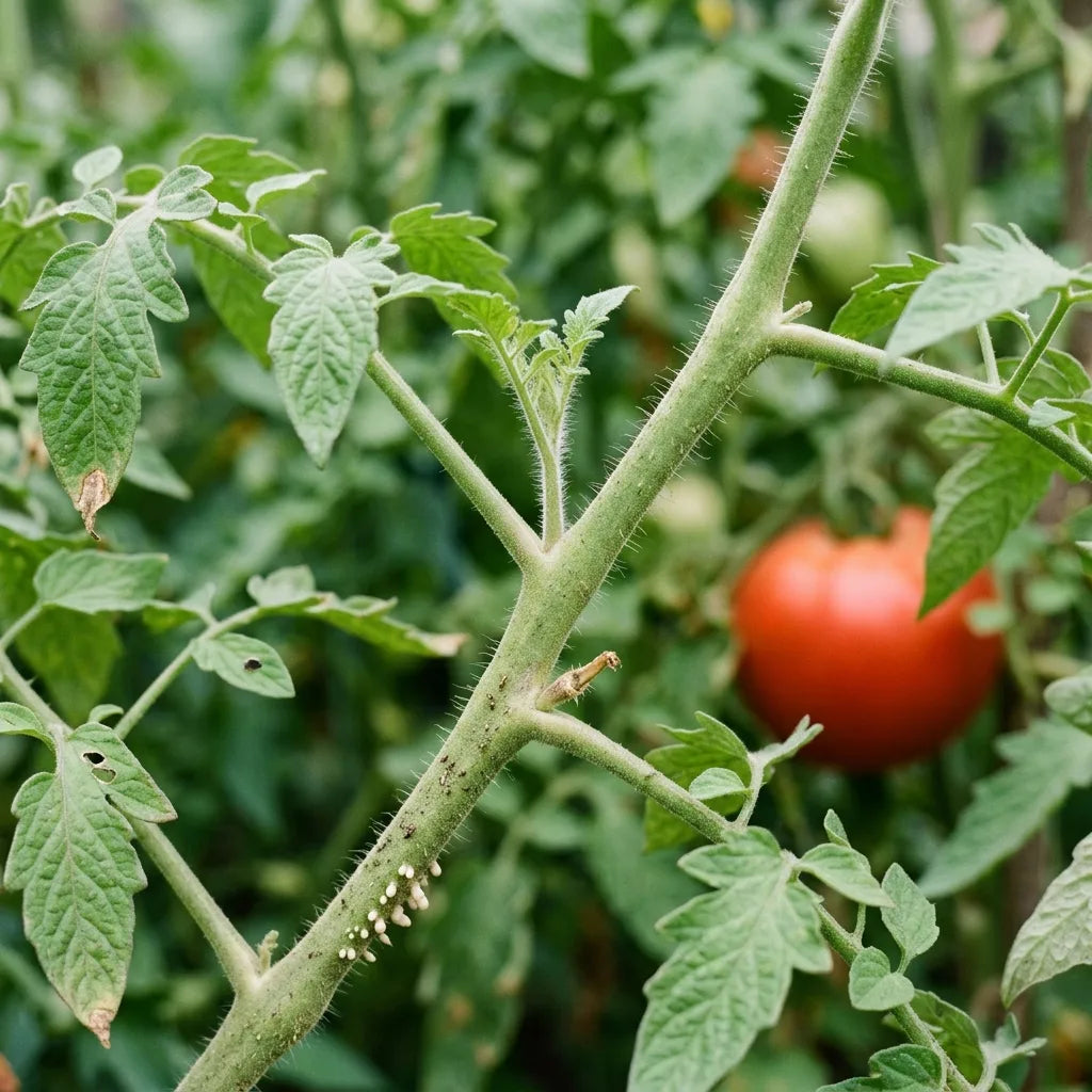 Aisselle d'un pied de tomate : gourmand naissant, moignon d'un gourmand déjà pincé et racines adventives sur la tige velue — SemiSauvage
