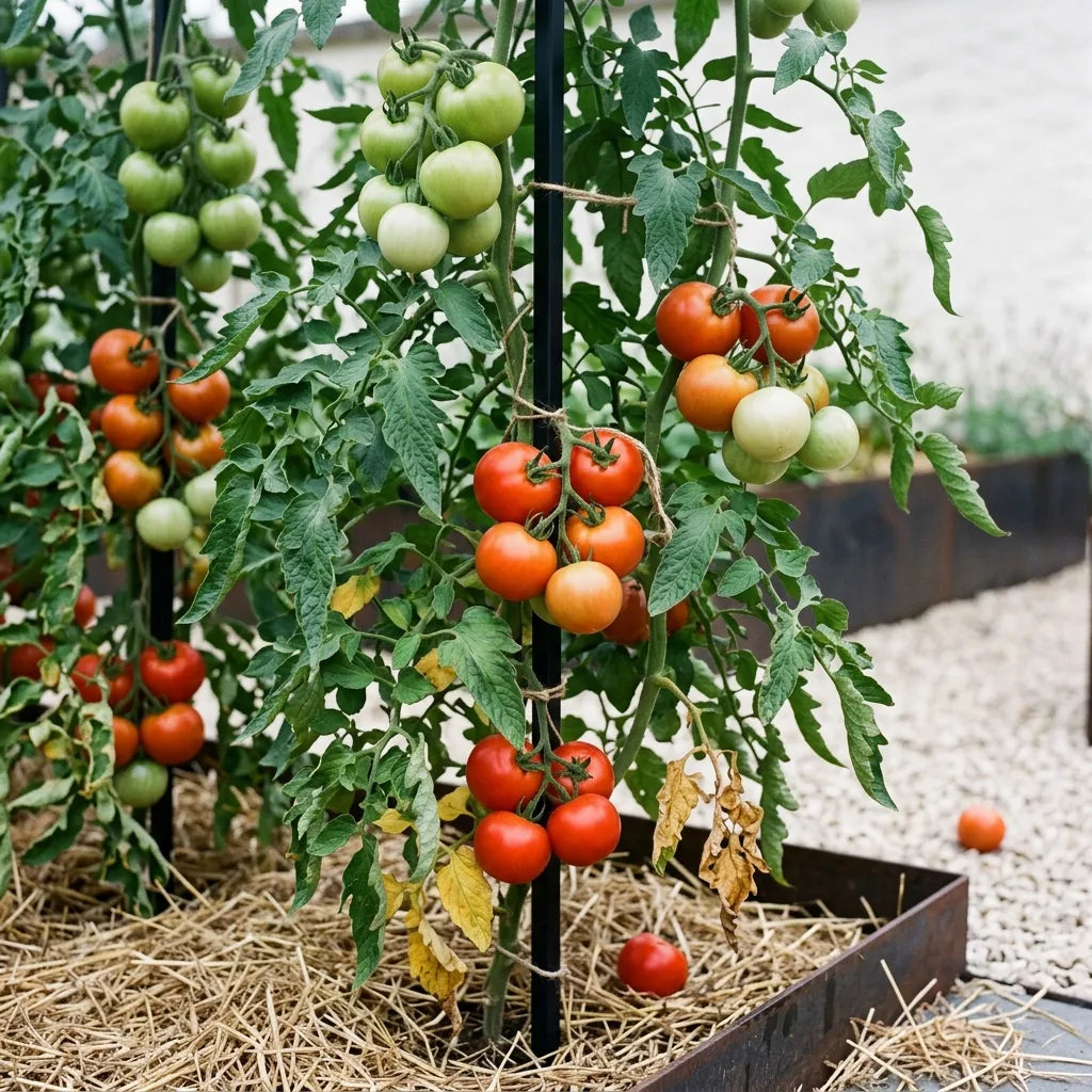 Pied de tomate Merveille des Marchés tuteuré au potager, chargé de bouquets à tous les stades de maturité — SemiSauvage