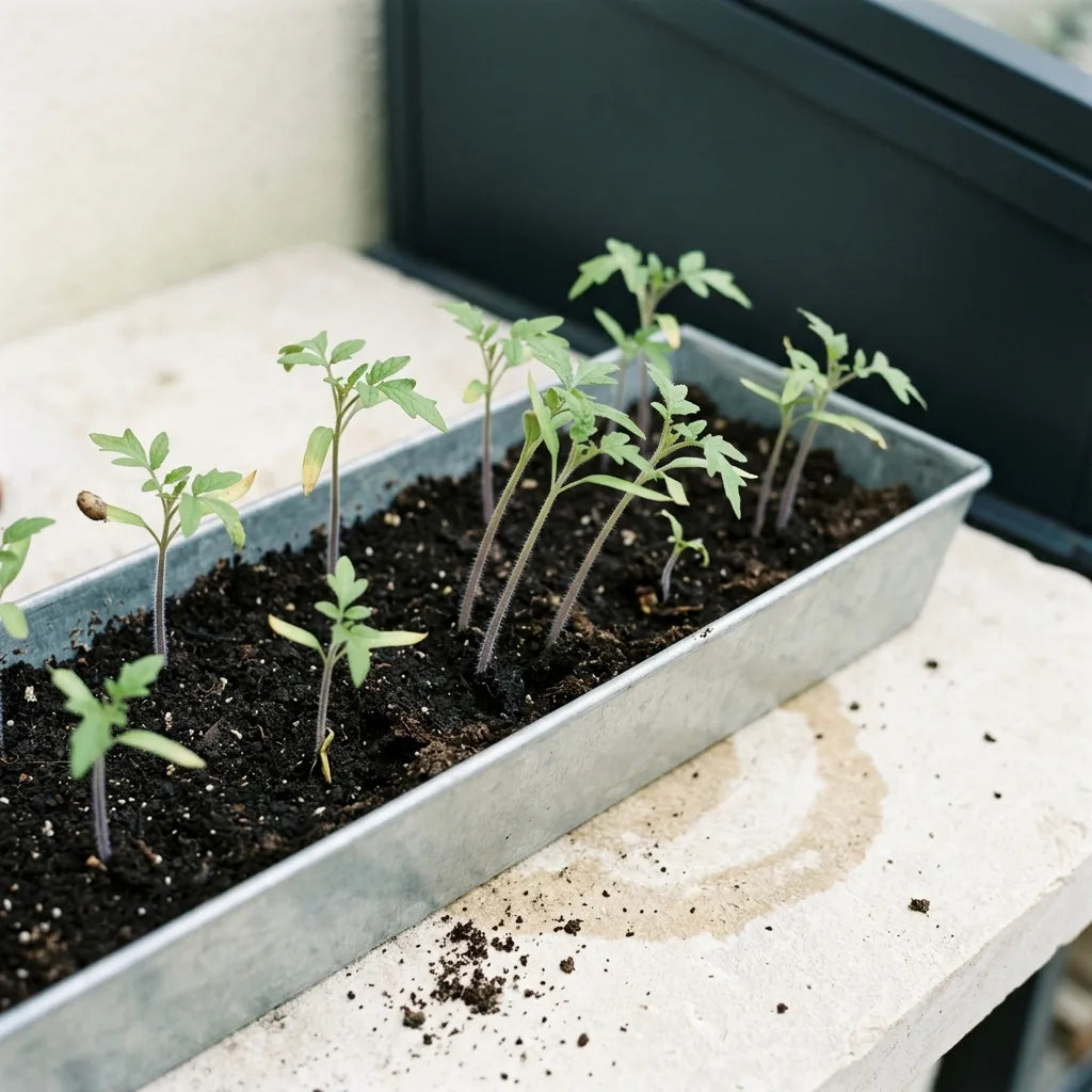 Semis de tomate en caissette de zinc au stade cotylédons et premières vraies feuilles composées — SemiSauvage