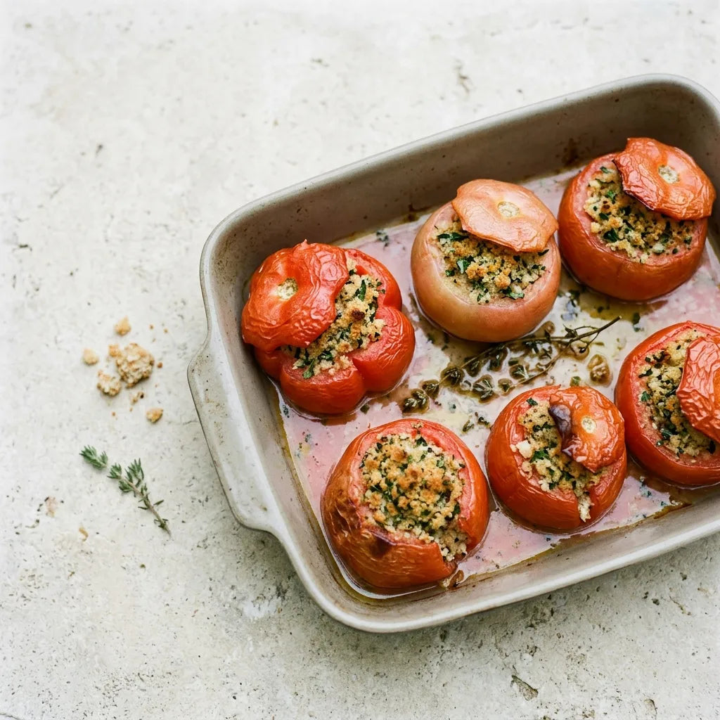 Tomates farcies à la mie de pain et aux herbes, chapeaux posés de travers, dans un plat à gratin de grès émaillé mat — SemiSauvage
