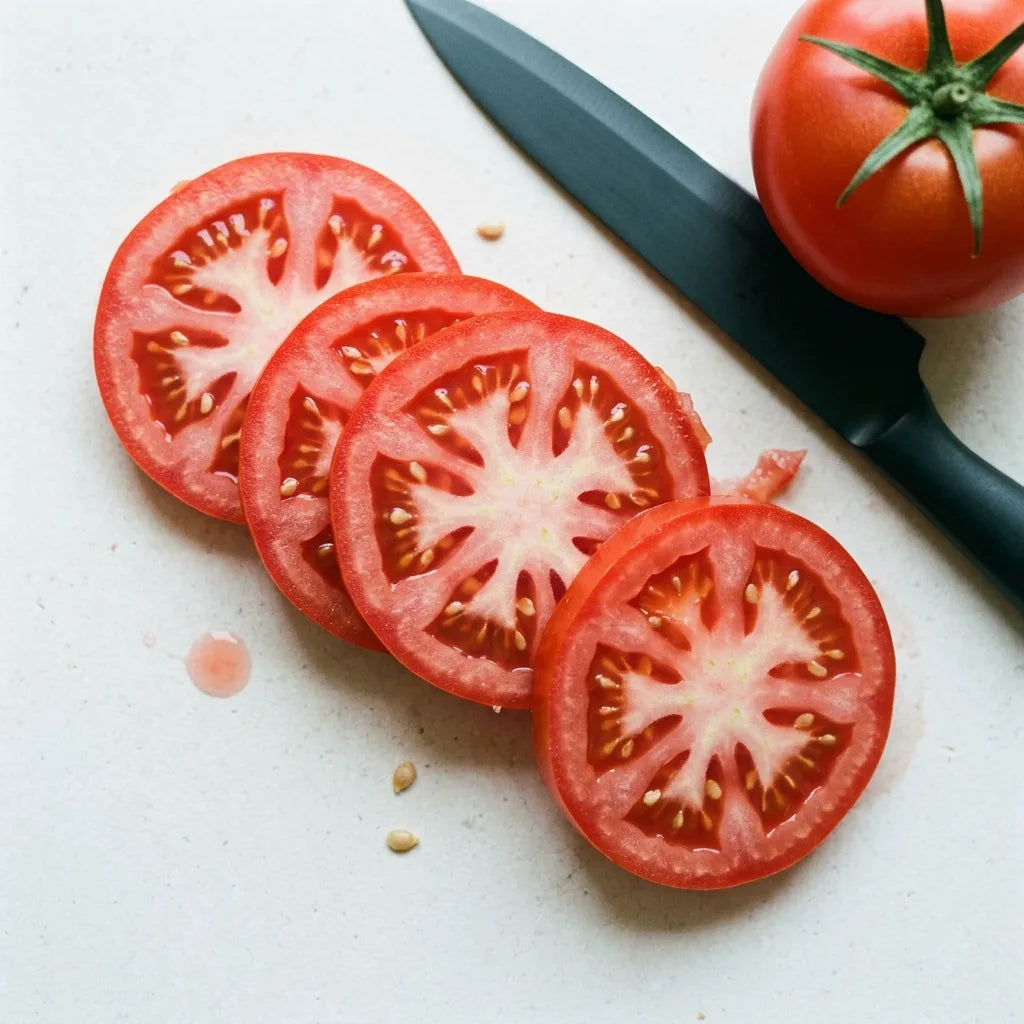 Tranches de tomate Merveille des Marchés : chair rose-rouge ferme, loges régulières en couronne et très peu de pépins — SemiSauvage