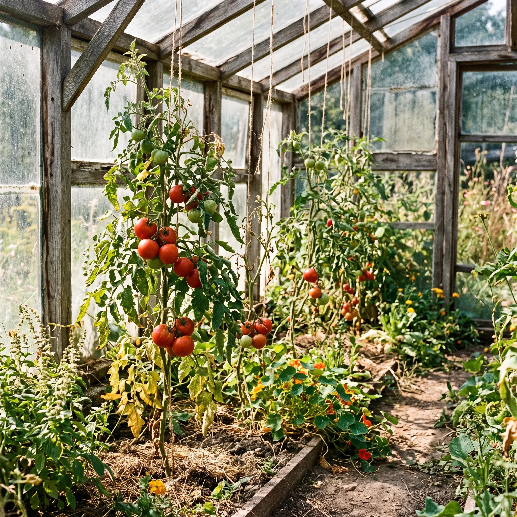 Rangs de tomates Moneymaker en pleine production dans une serre de jardin