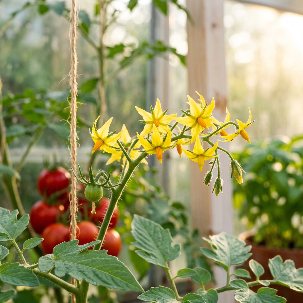 Grappe florale régulière de la tomate Moneymaker sous serre
