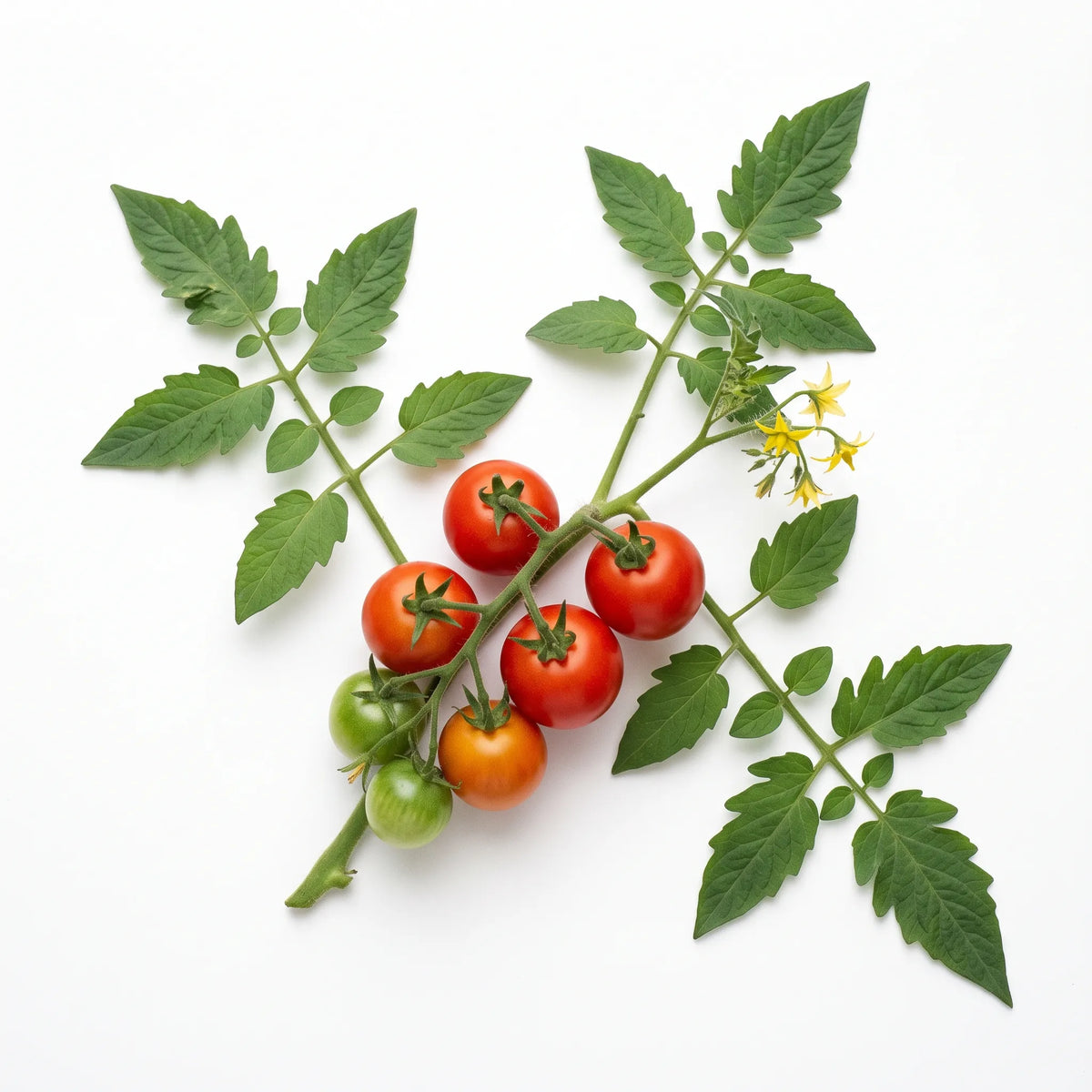 Rameau de tomate Moneymaker sur fond blanc avec grappe, feuilles et fleurs
