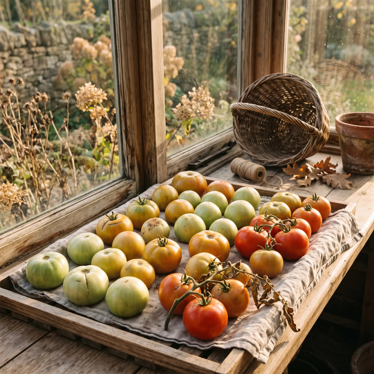 Dernières tomates de la saison qui finissent de mûrir sur une claie en véranda