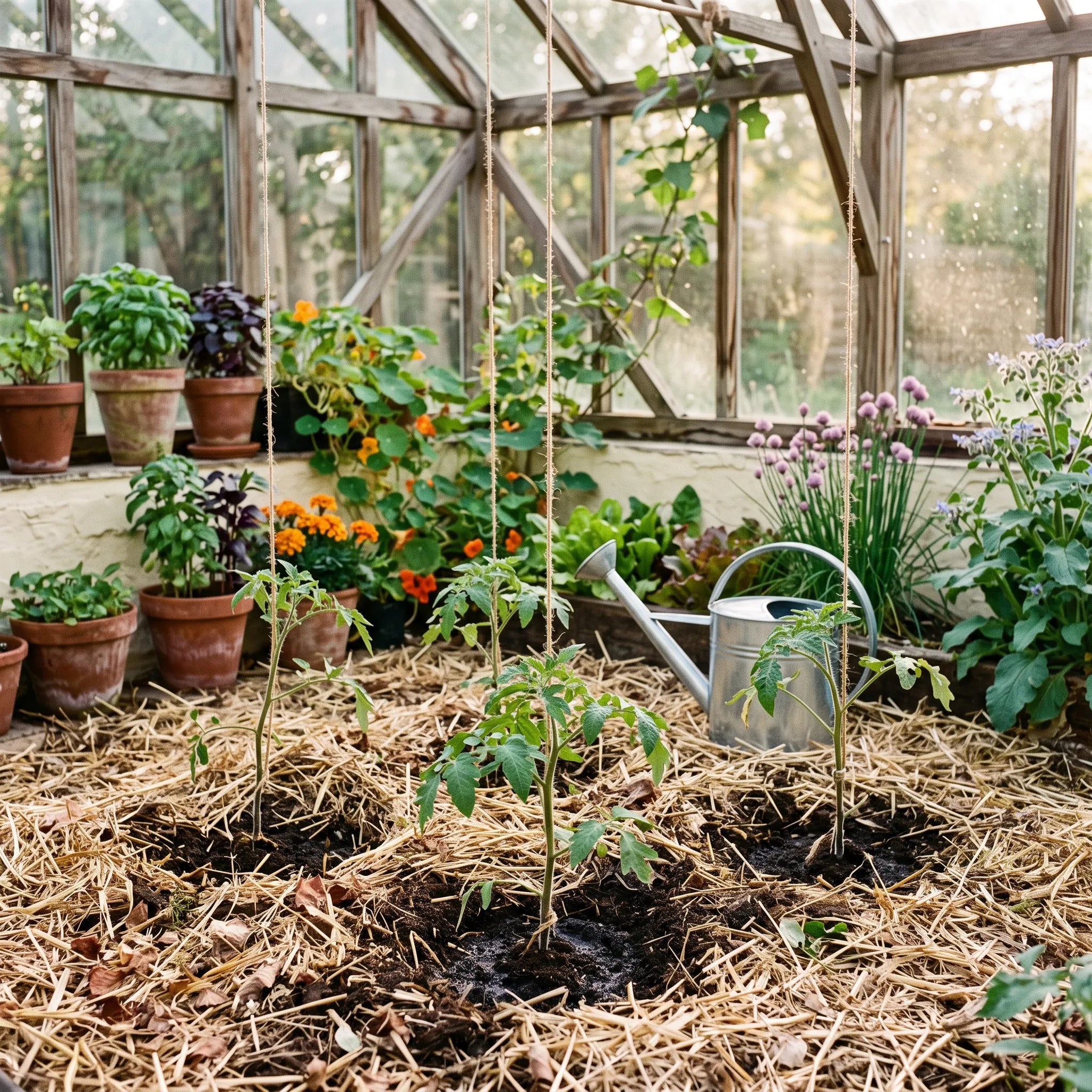 Plantation des jeunes plants de tomate sur ficelle dans une serre au sol paillé