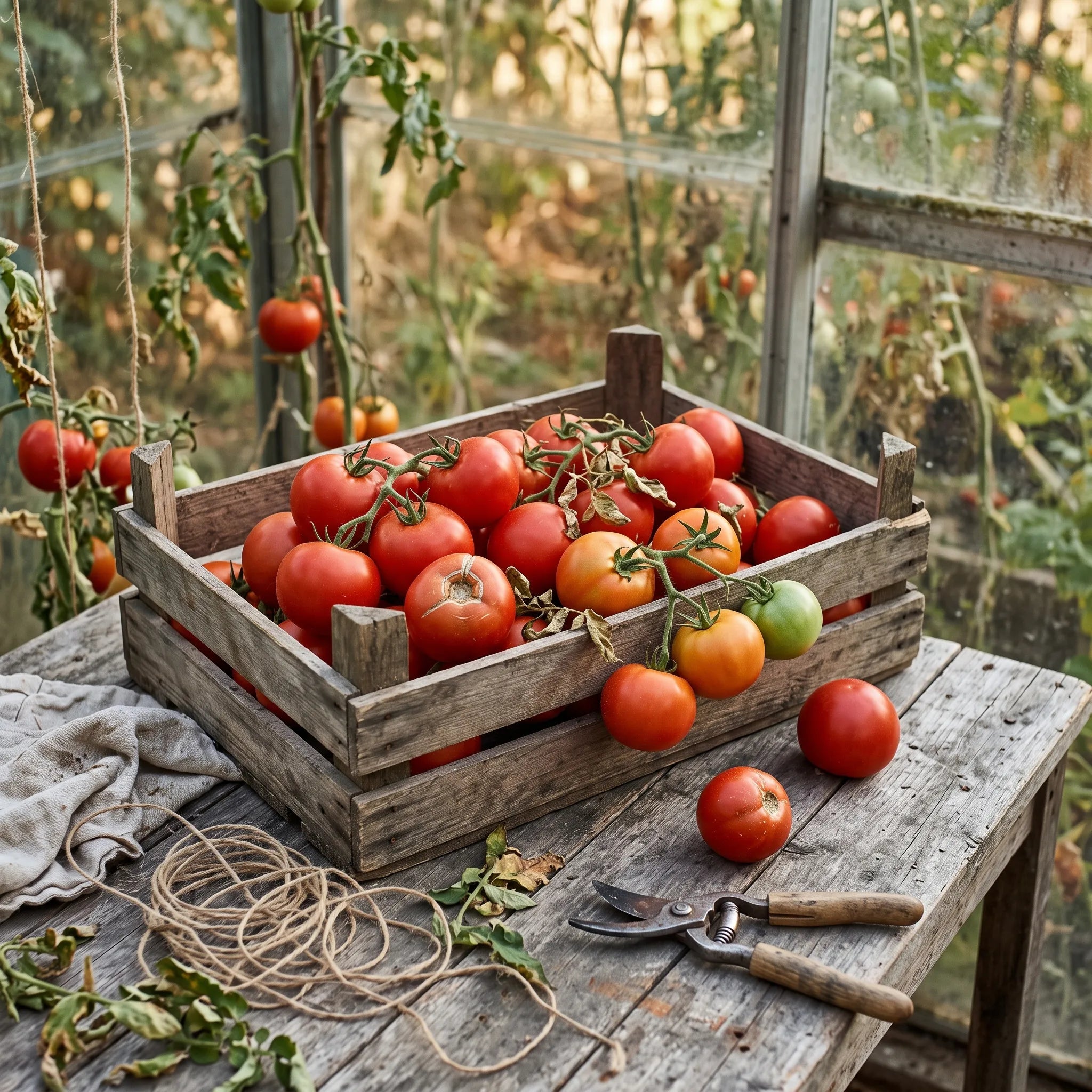 Récolte de tomates Moneymaker en grappes dans un cageot de bois