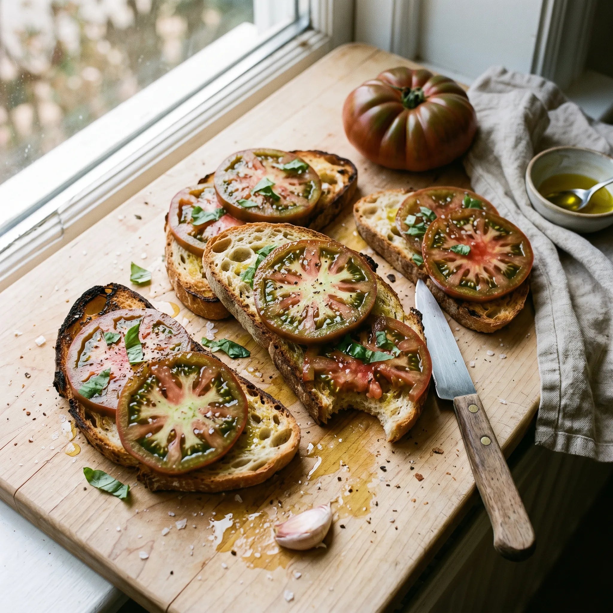 Tartines de pain grillé aux tranches de tomate Noire de Crimée et huile d'olive