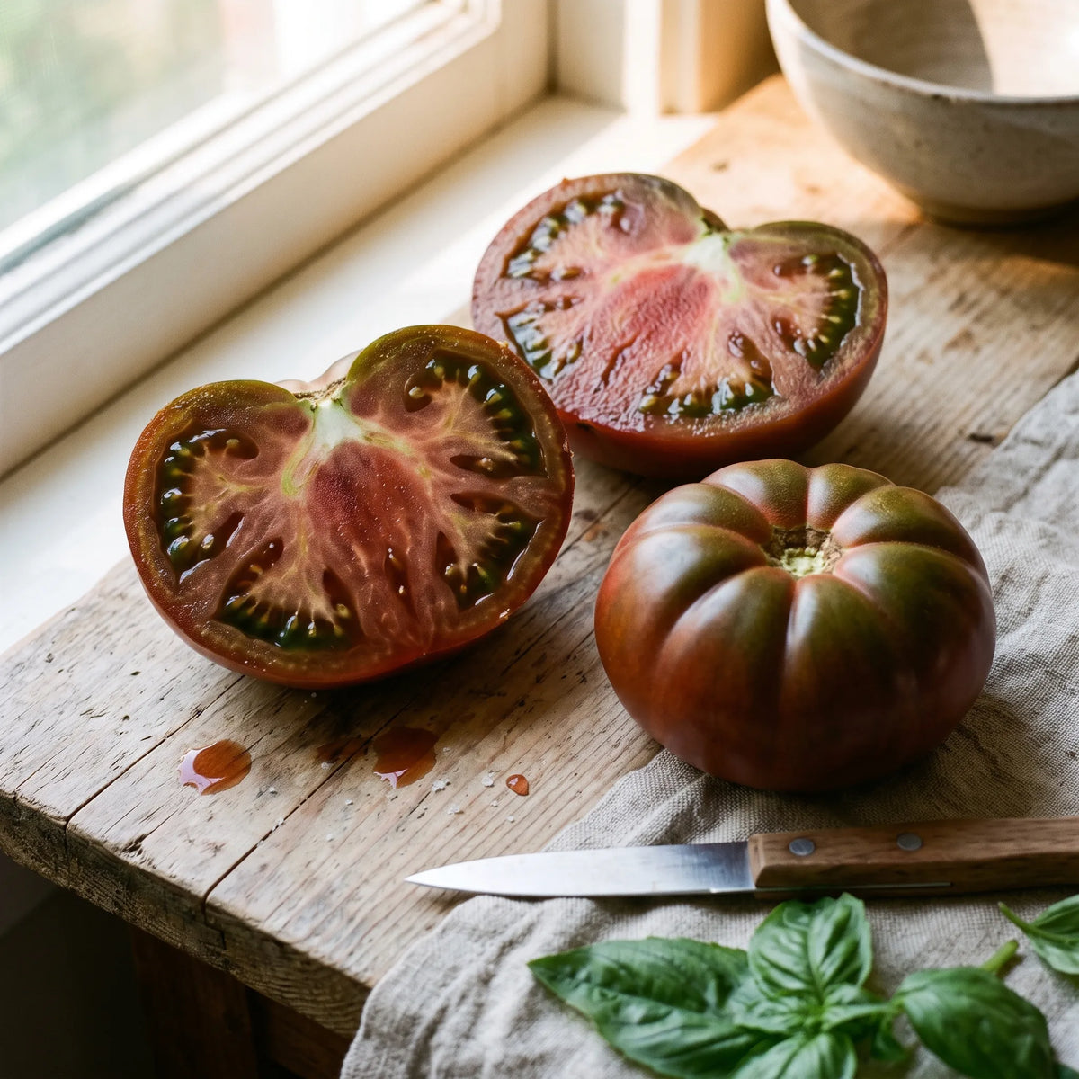 Coupe d'une tomate Noire de Crimée montrant sa chair sombre grenat