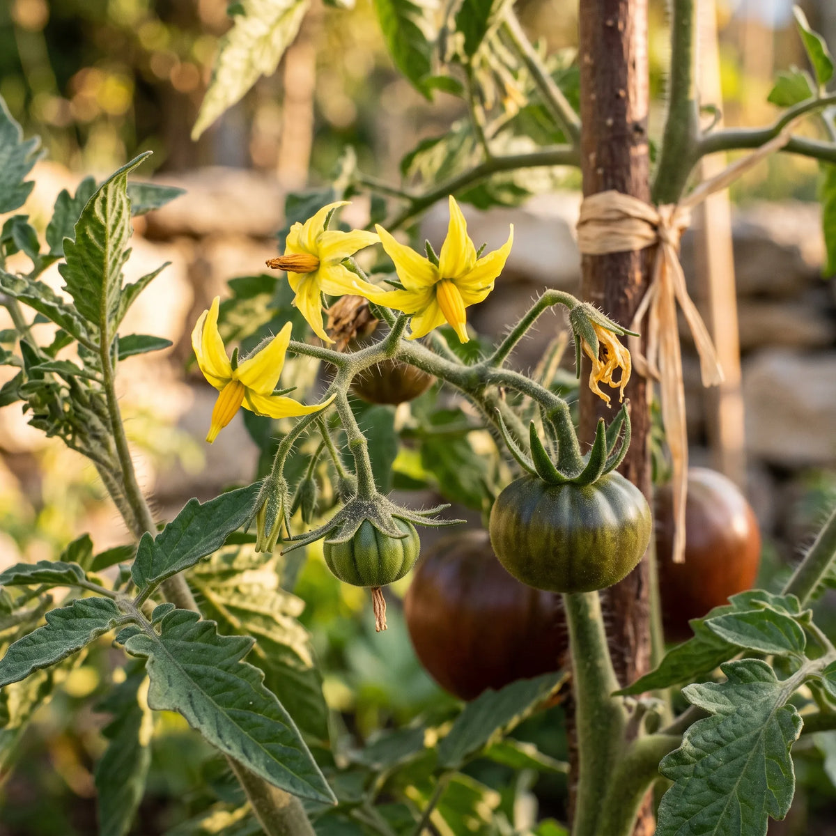 Floraison et jeunes fruits déjà côtelés de la tomate Noire de Crimée