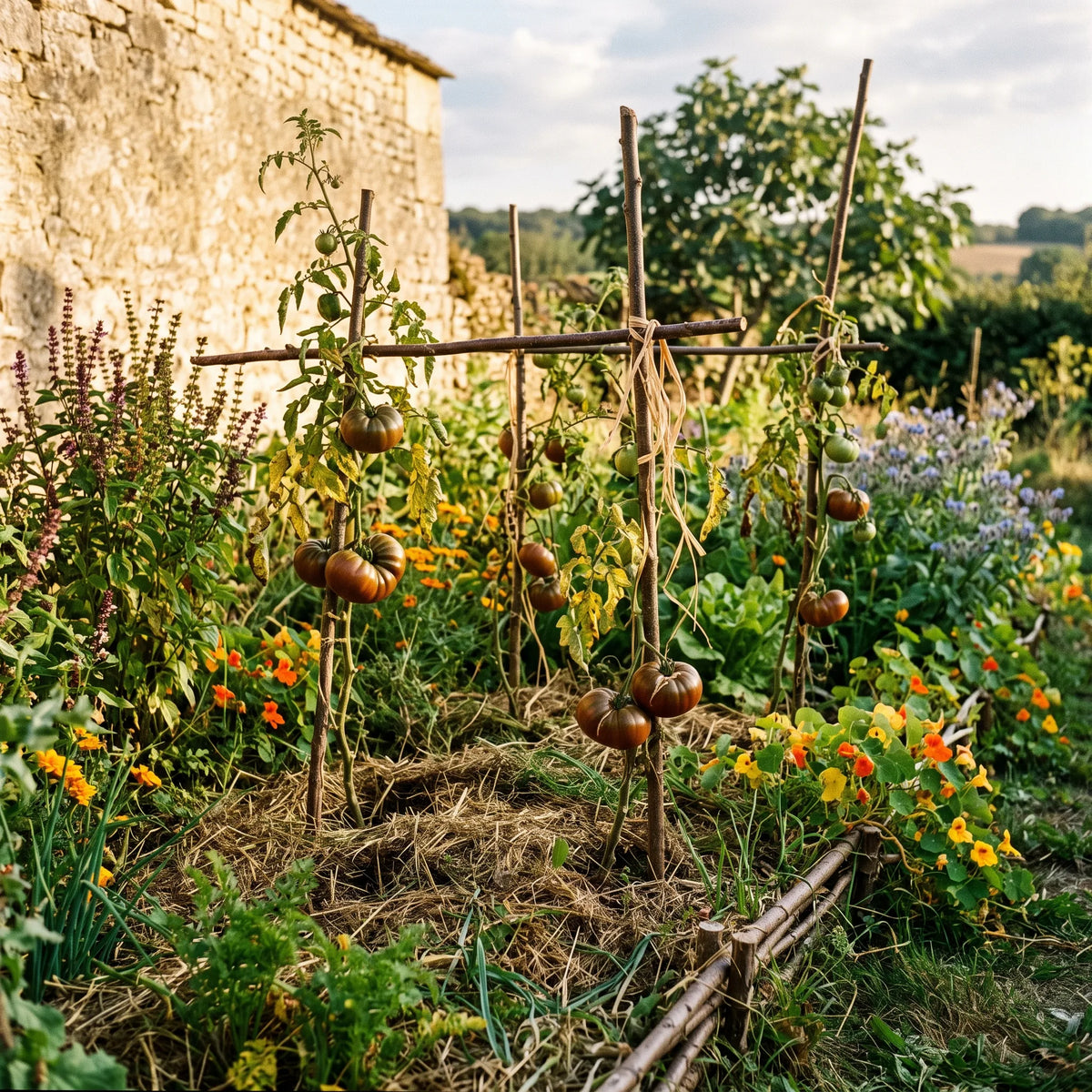 Tomates Noire de Crimée tuteurées dans un potager en permaculture le long d'un mur