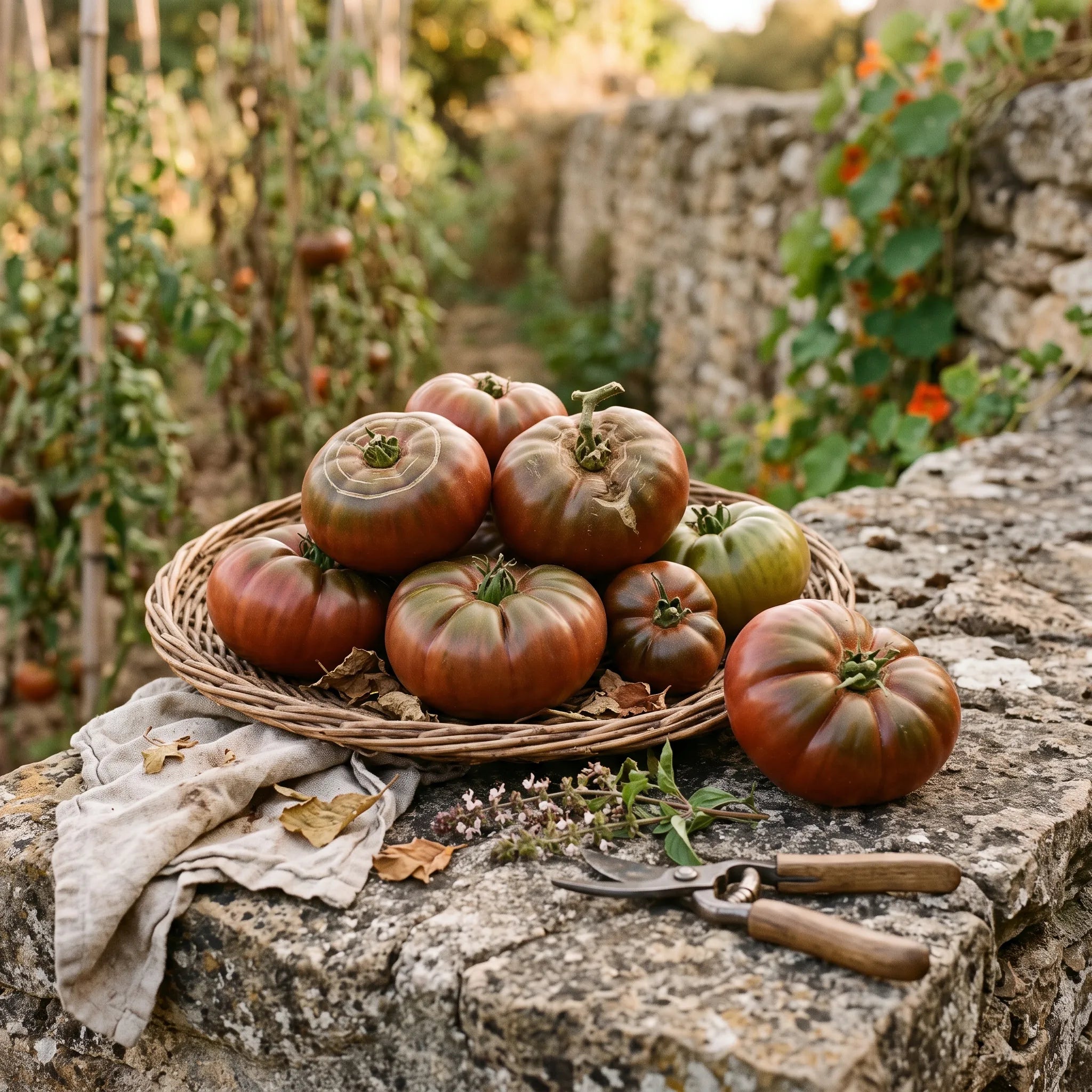 Récolte de tomates Noire de Crimée dans un panier d'osier sur un muret