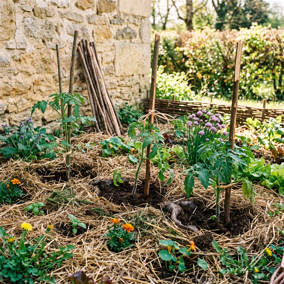 Repiquage des plants de tomate sur sol paillé au pied d'un mur exposé plein sud