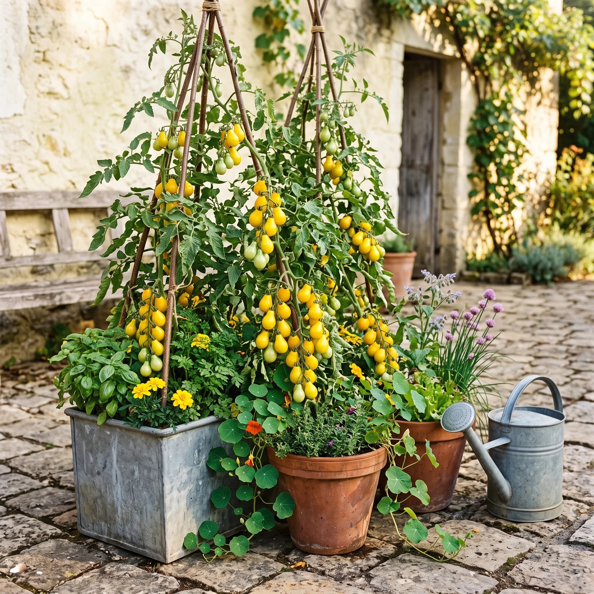 Tomates Poire Jaune cultivées en bac sur tipi de noisetier dans une cour pavée