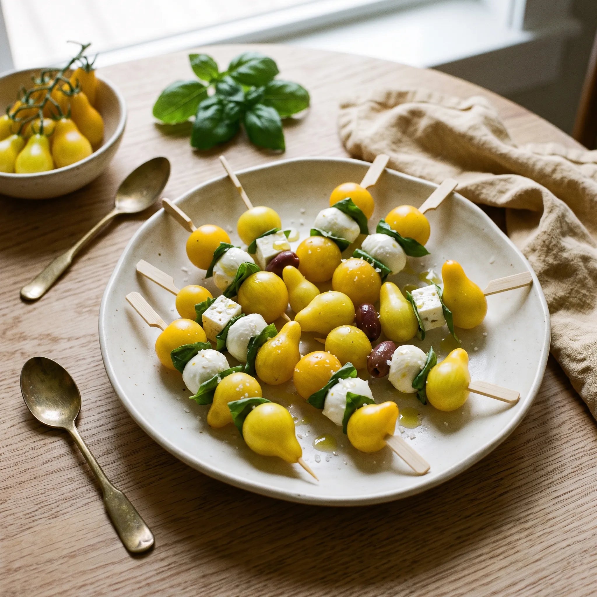 Brochettes apéritives de tomates Poire Jaune, mozzarella et basilic