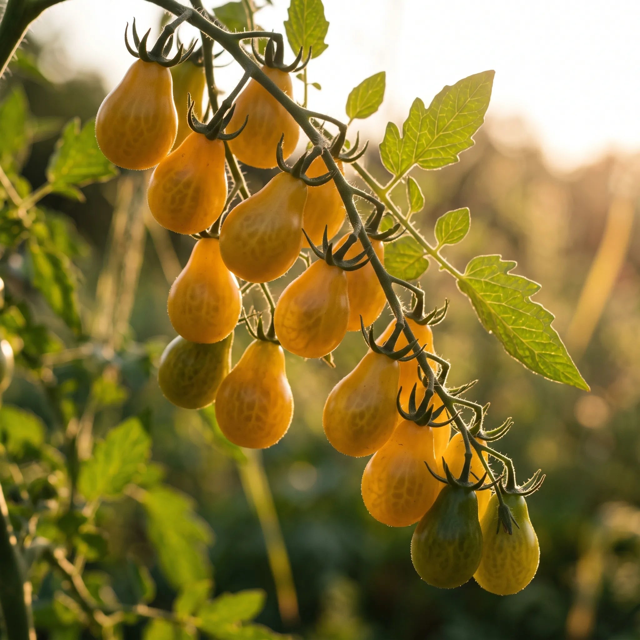 Grappe de tomates Poire Jaune à contre-jour, peau fine et translucide