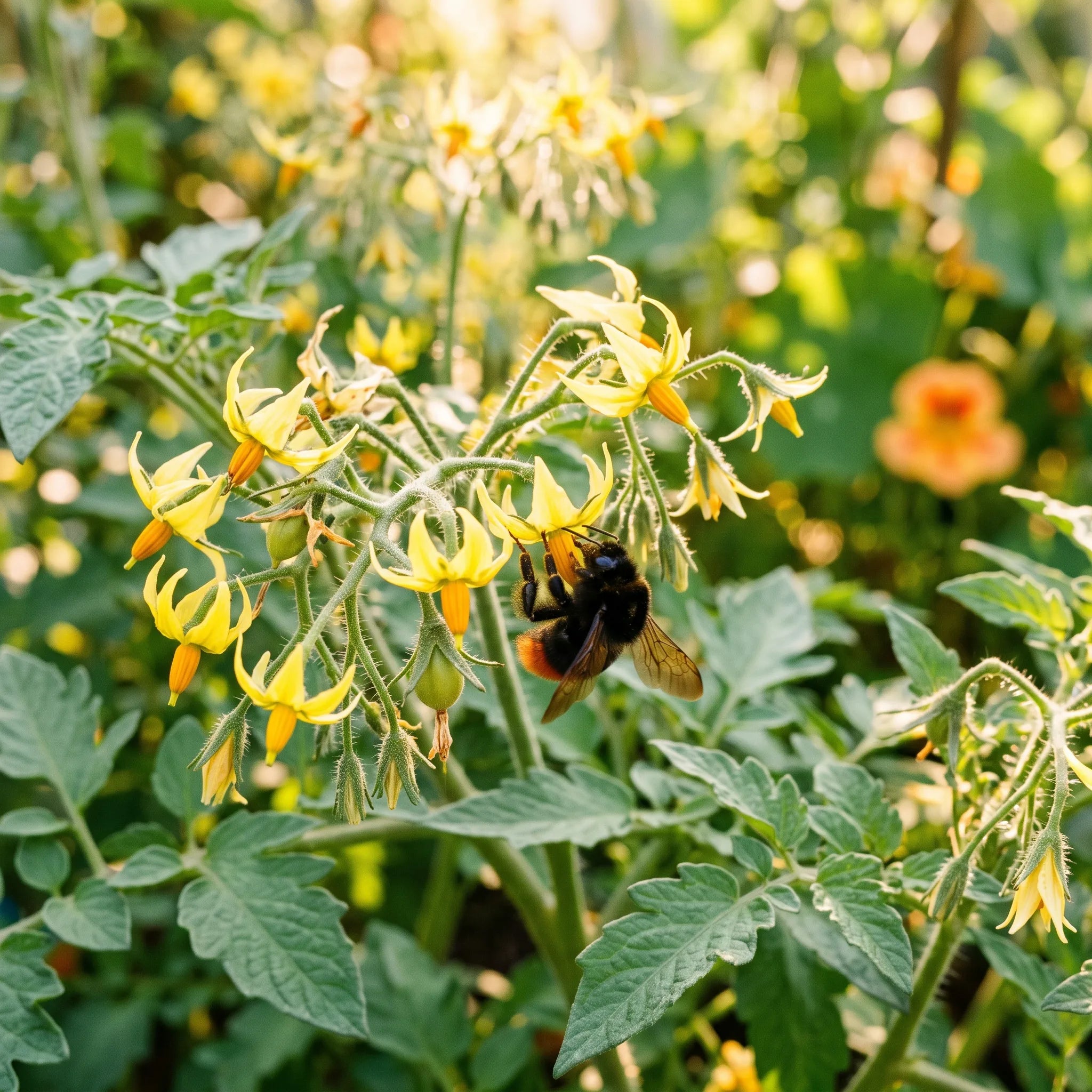 Bourdon des pierres pollinisant les fleurs jaunes de la tomate Poire Jaune