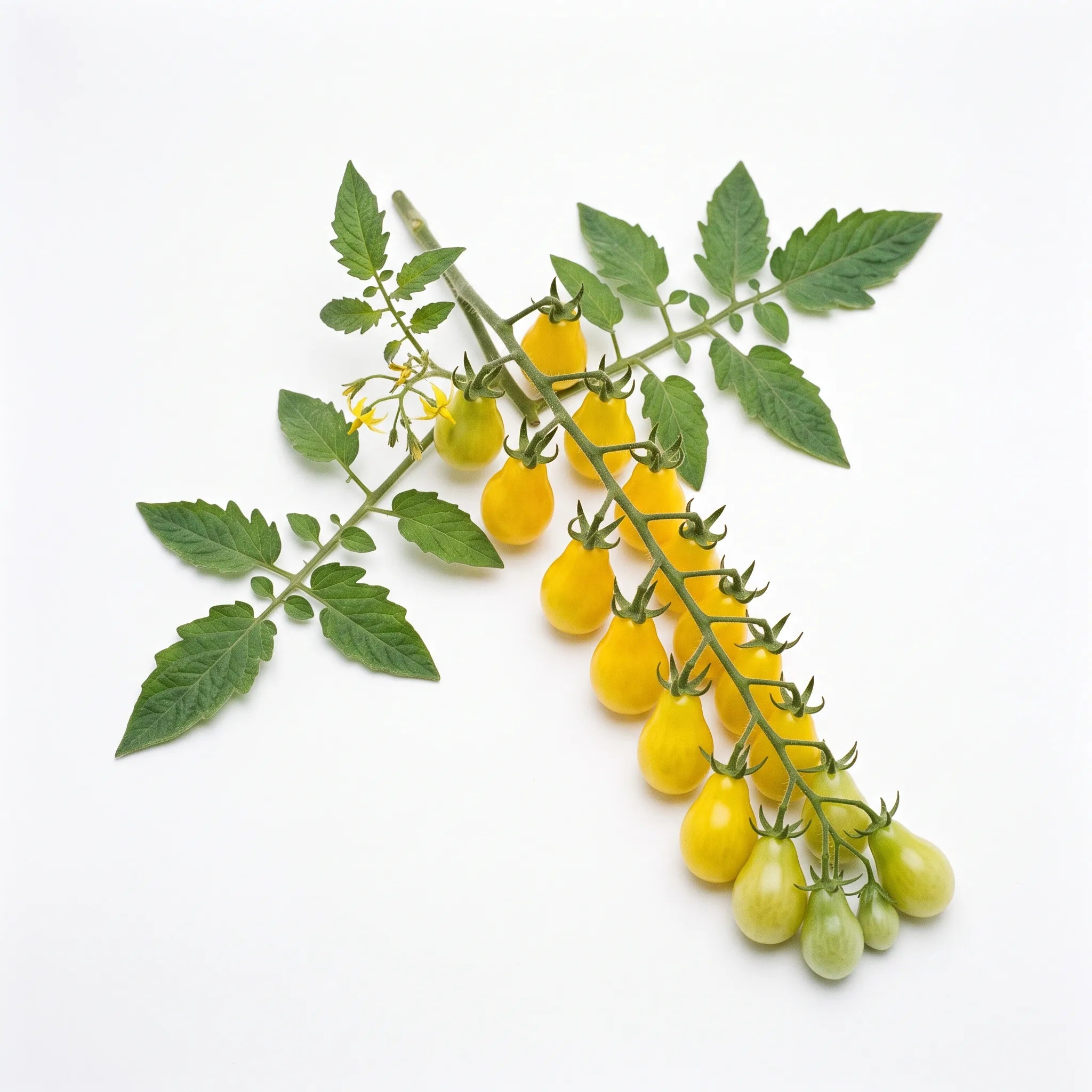 Rameau de tomate cerise Poire Jaune sur fond blanc avec grappe, feuilles et fleurs