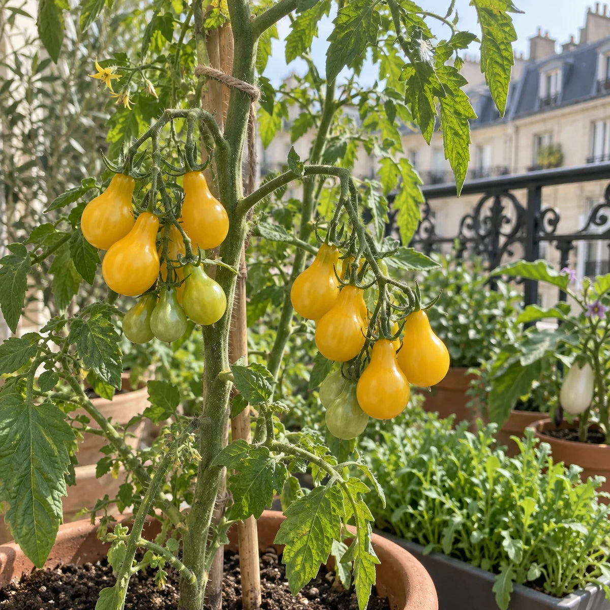 Tomates cerises jaunes en forme de poire sur un pied tuteuré cultivé en pot.