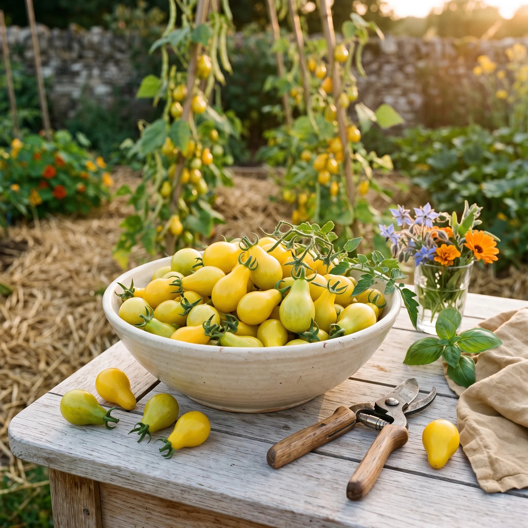 Récolte de tomates cerises Poire Jaune dans une coupelle au jardin