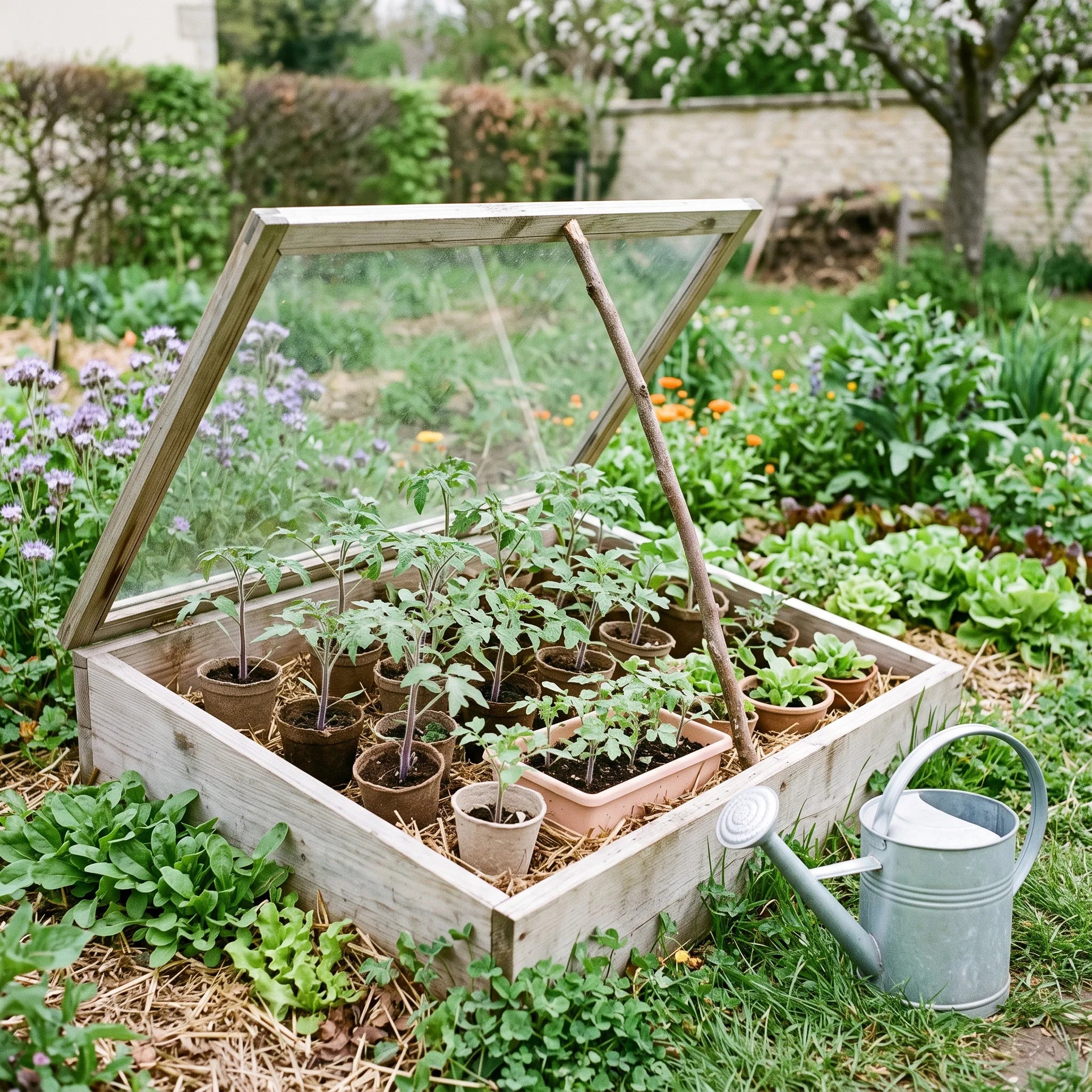 Jeunes plants de tomate sous châssis vitré dans un jardin en permaculture