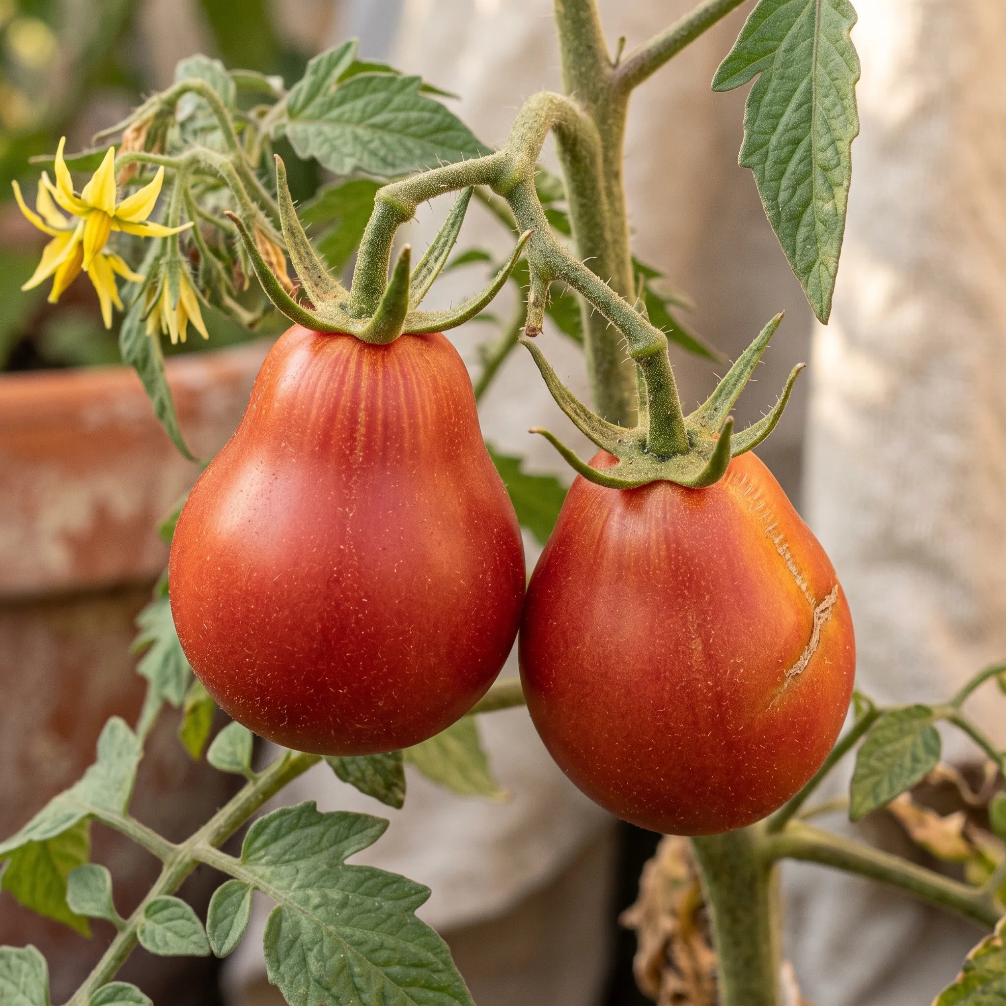Macro d'une tomate Red Pear piriforme, étranglée au col, sur la plante