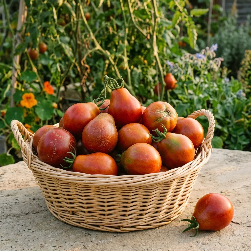 Corbeille d'osier de tomates Red Pear fraîchement récoltées au potager