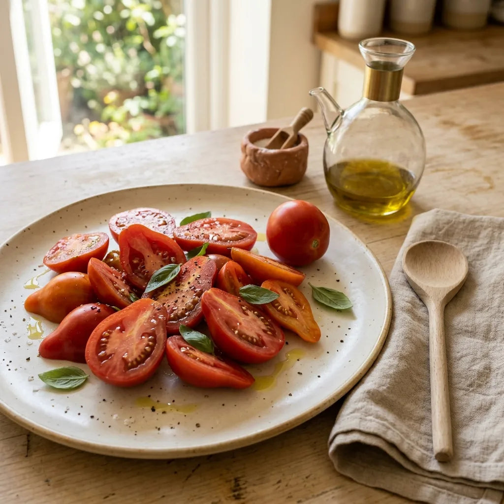 Salade de tomates Red Pear à l'huile d'olive et au basilic