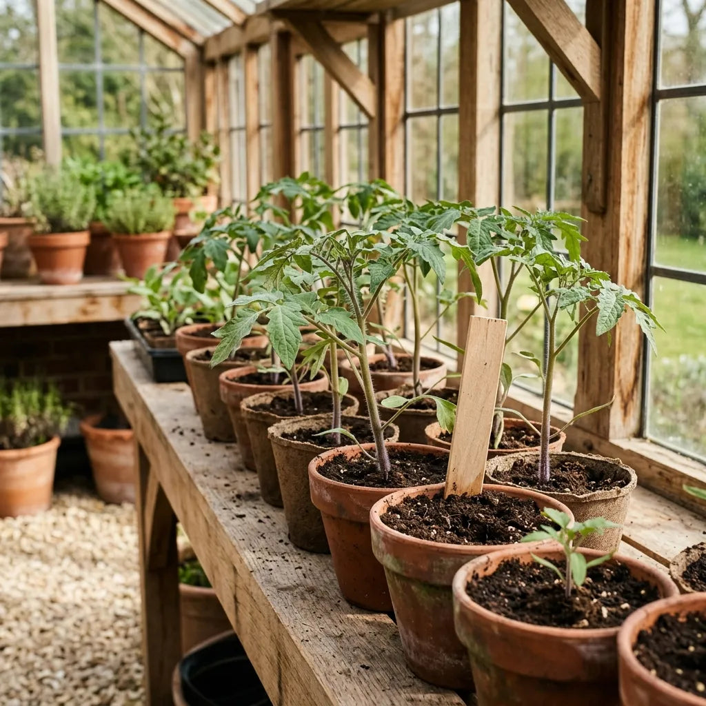 Jeunes plants de tomate Red Pear en godets sur un banc de serre
