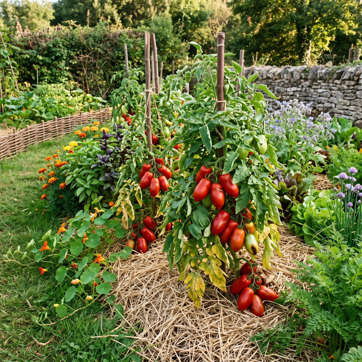 Pieds buissonnants de tomate Roma sur sol paillé dans un potager en permaculture