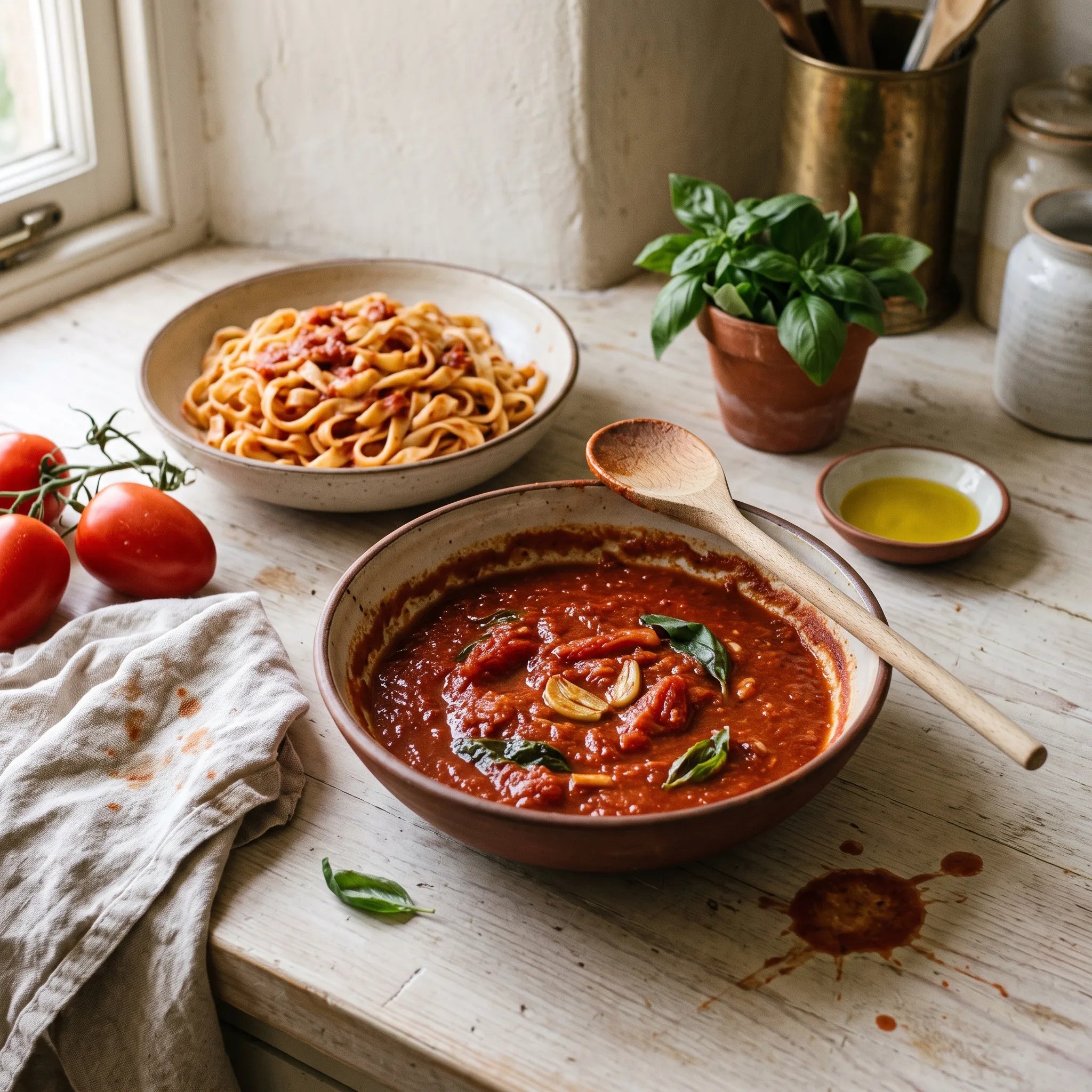 Sauce tomate mijotée à la Roma servie avec des tagliatelles fraîches