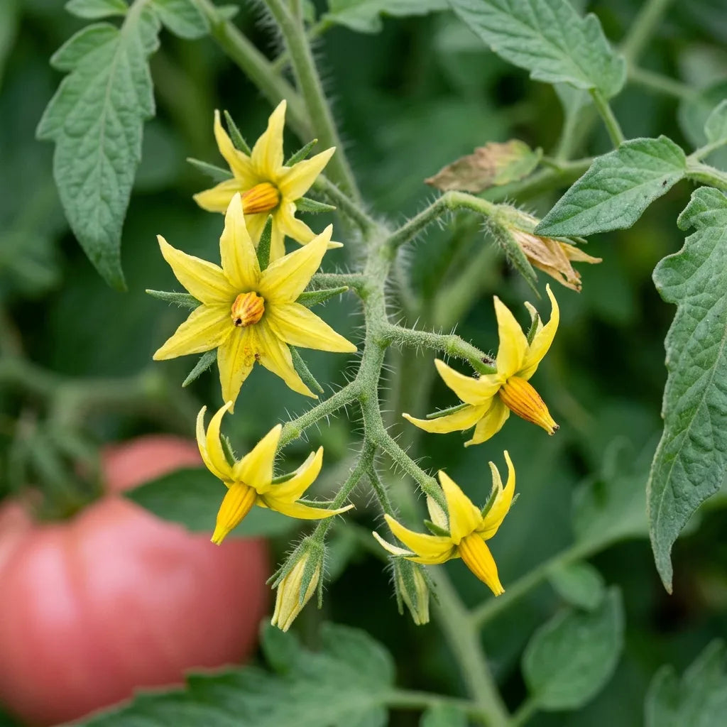 Bouquet floral de tomate vu de dessus : fleurs jaunes en zigzag alterné le long du rachis velu — SemiSauvage