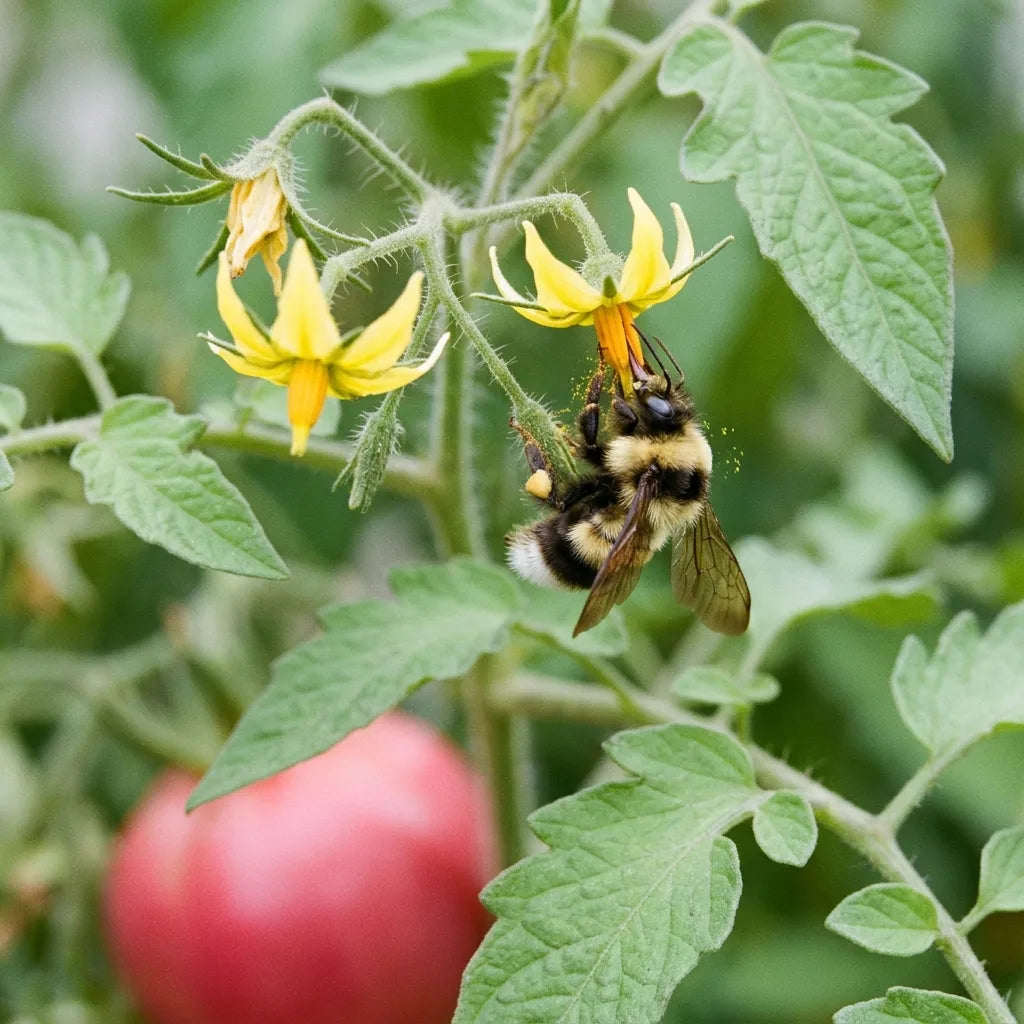 Bourdon des jardins à tête allongée accroché sous une fleur de tomate, pollinisation vibratile libérant le pollen — SemiSauvage