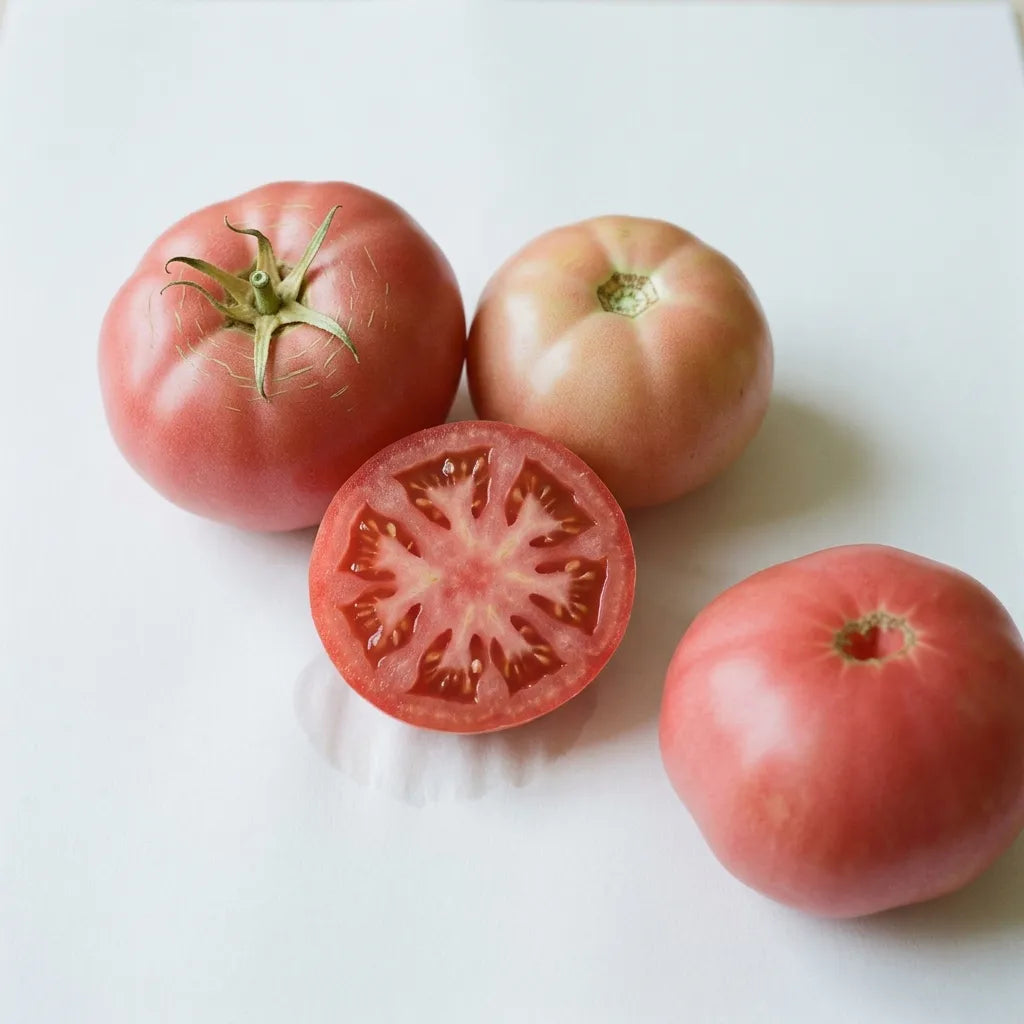 Gros fruits aplatis de tomate Rose de Berne à peau rose-framboise mate, dont un coupé montrant sa chair rose foncée, sur fond blanc — SemiSauvage